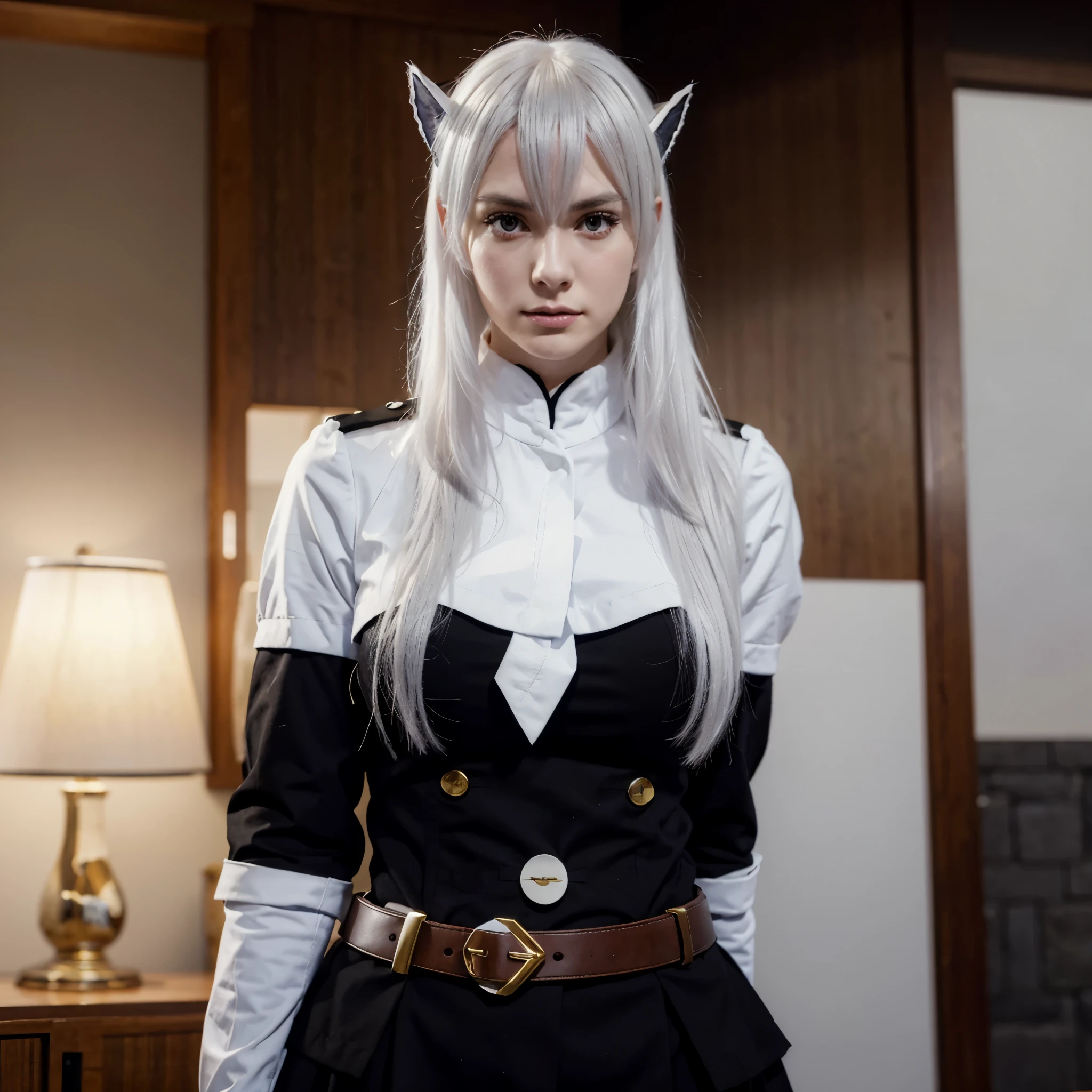 Kyouka Uzen beautiful tall and attractive woman with white hair and big breasts in black uniform with the best quality best effects best shadows best lighting 8k no bugs a single person in the image