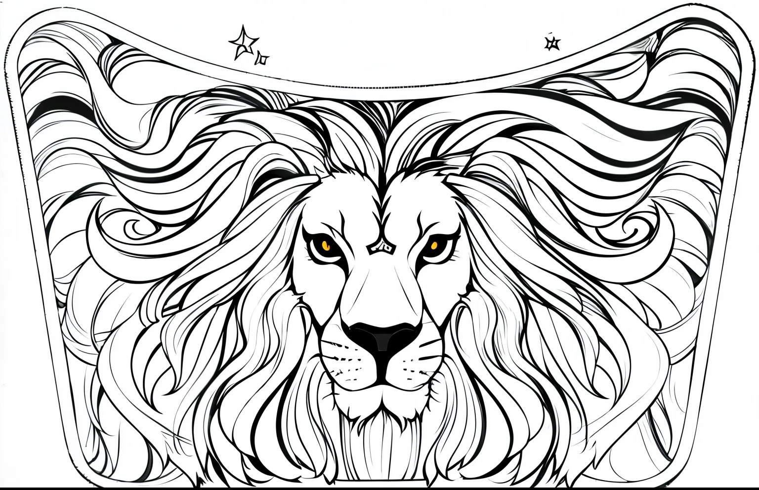 (Monochrome, Adult Colouring Pages, Vectorized) Vector design with image of a lion's head on the front, lion's hairs spread throughout the image, head, composition, hairs. Background decorated with lion head hair image::5 This is adult colouring, text, smooth lines, vector design with image