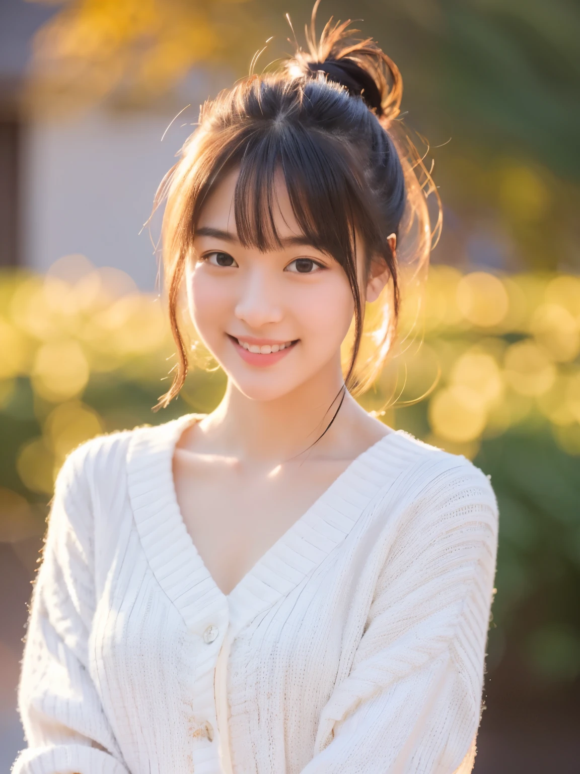 masterpiece, highest quality, RAW photo, realistic, smile, beautiful girl, cute, delicate girl, hair up, written boundary depth, High resolution, Super detailed, detailed, 非常にdetailedな目と顔, realistic student, sharp focus, cinematic lighting, Upper body, bangs, knit sweater,
