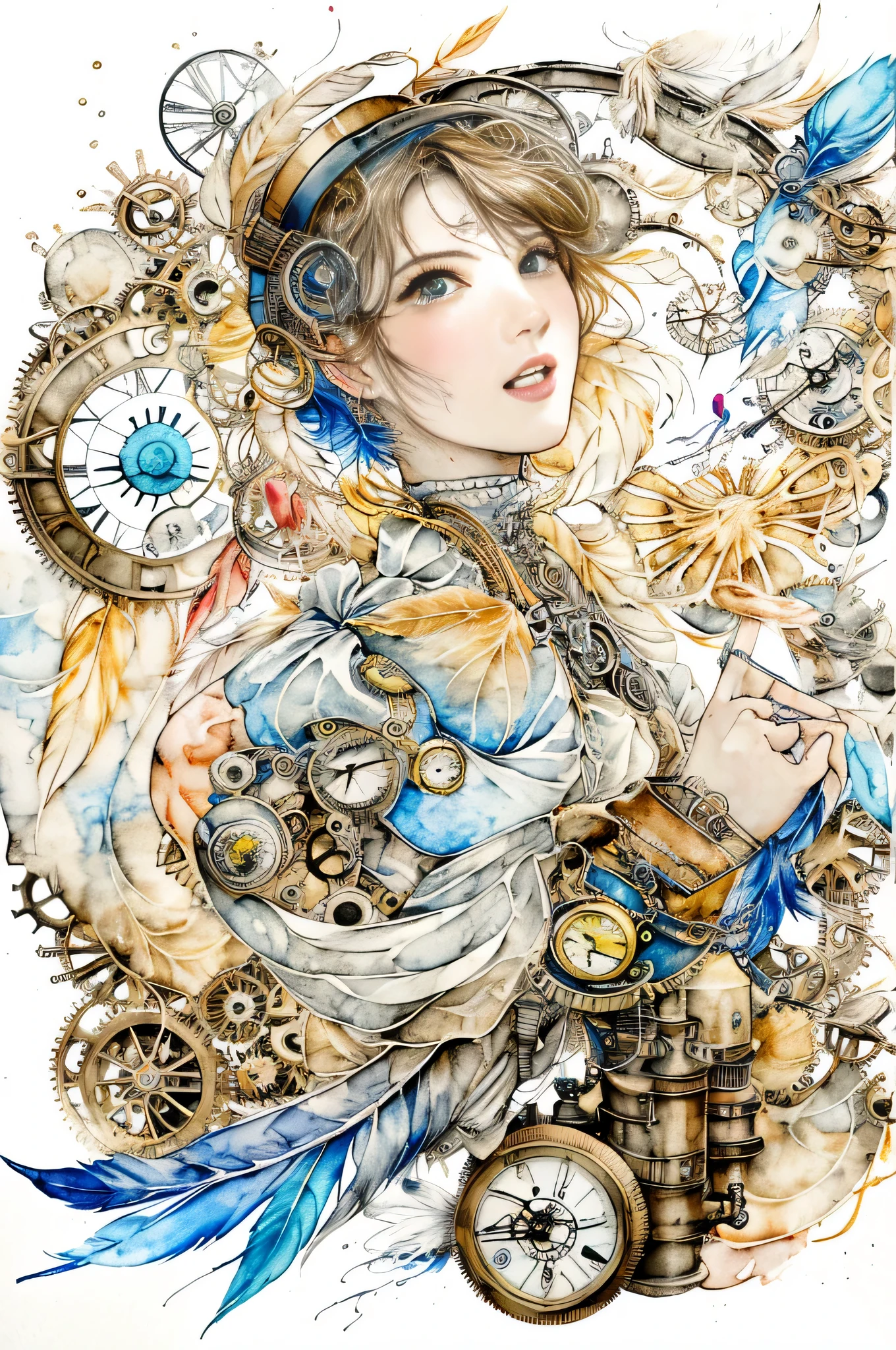 beautiful girl、((abstract steampunk woman)), wonderful feathers, yellow and brown, watercolor crazy painting on white canvas, become familiar with, delicate touch, A true masterpiece watercolor painting, Habubuki、masterpiece、highest quality、Excited、anger、express victory、detailed description、