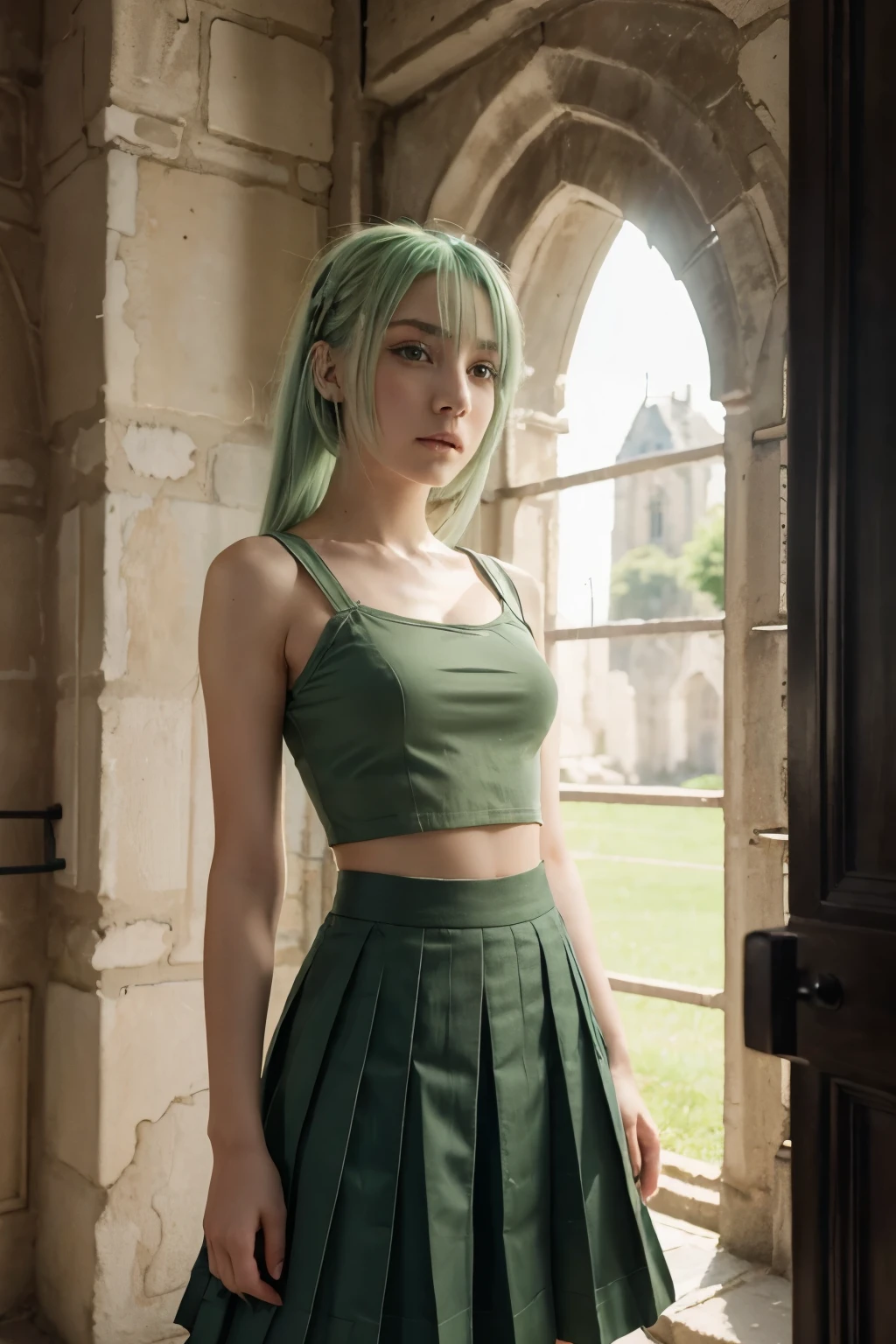 In a dark castle stands an anime girl, with a brave expression she leads on a group of male soldiers. The girl is wearing a pleated skirt, and a crop top. The girl has pale green hair. The most appropriate affect for this scene would be a watercolor painting technique, to capture the girls beauty.