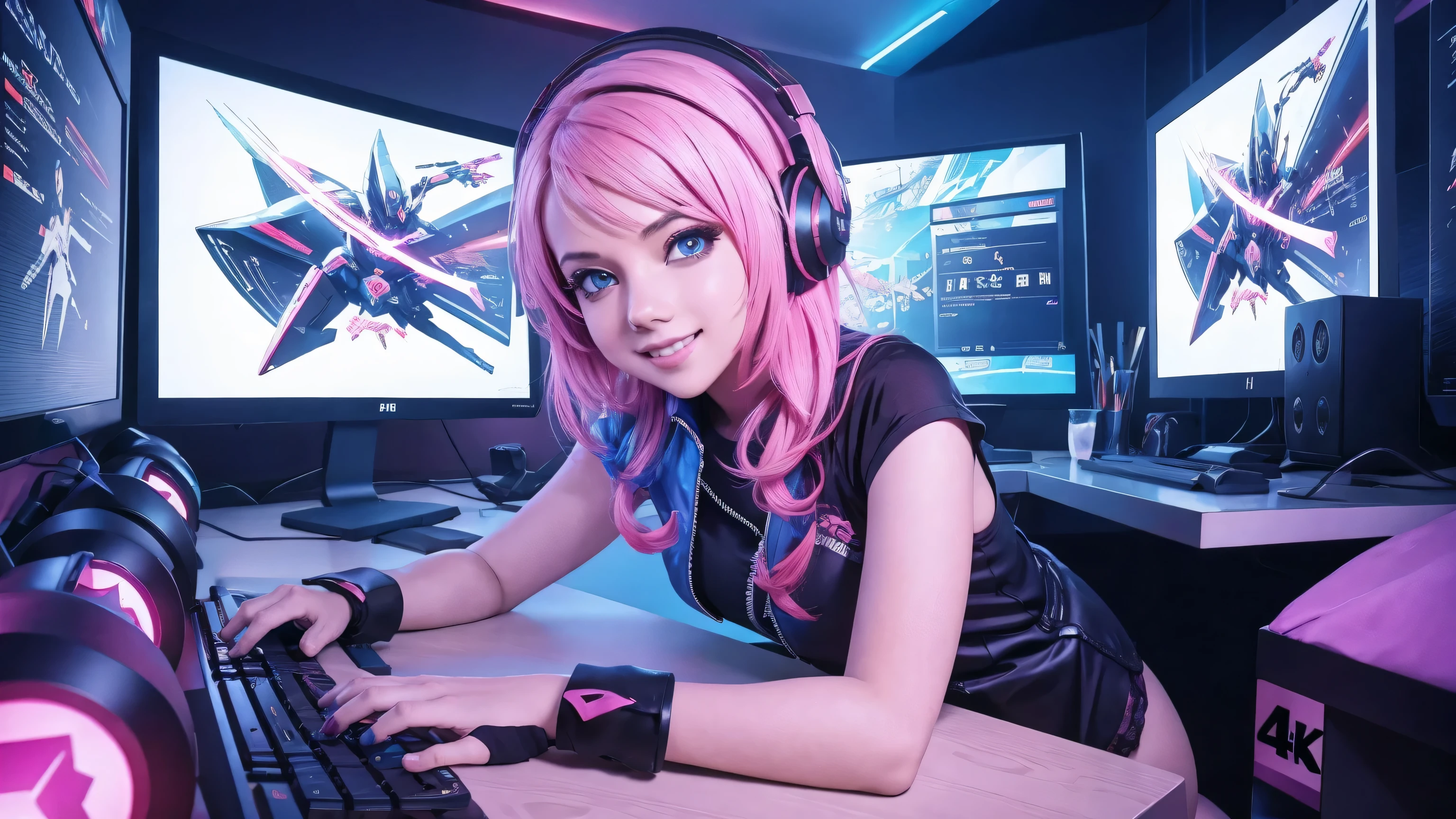 (best quality,4k,highres:1.2),ultra-detailed,physically-based rendering,vivid colors,playful expression,beautiful detailed eyes,beautiful detailed lips,cosplay costume,(dynamic pose:1.1),dedication to gaming,energetic and action-packed atmosphere,immersed in virtual world,anime-style artwork,glowing digital effects,electric blue accents,brightly lit studio with soft lighting,artistic interpretation of video game elements,creative composition,cartoonish style,scenery with video game elements,headphones,console controller,keyboard,attractive background,sexy outfit,cyberpunk,cute smile,pink blue,sexy lingerie,gaming room. Designer game pc