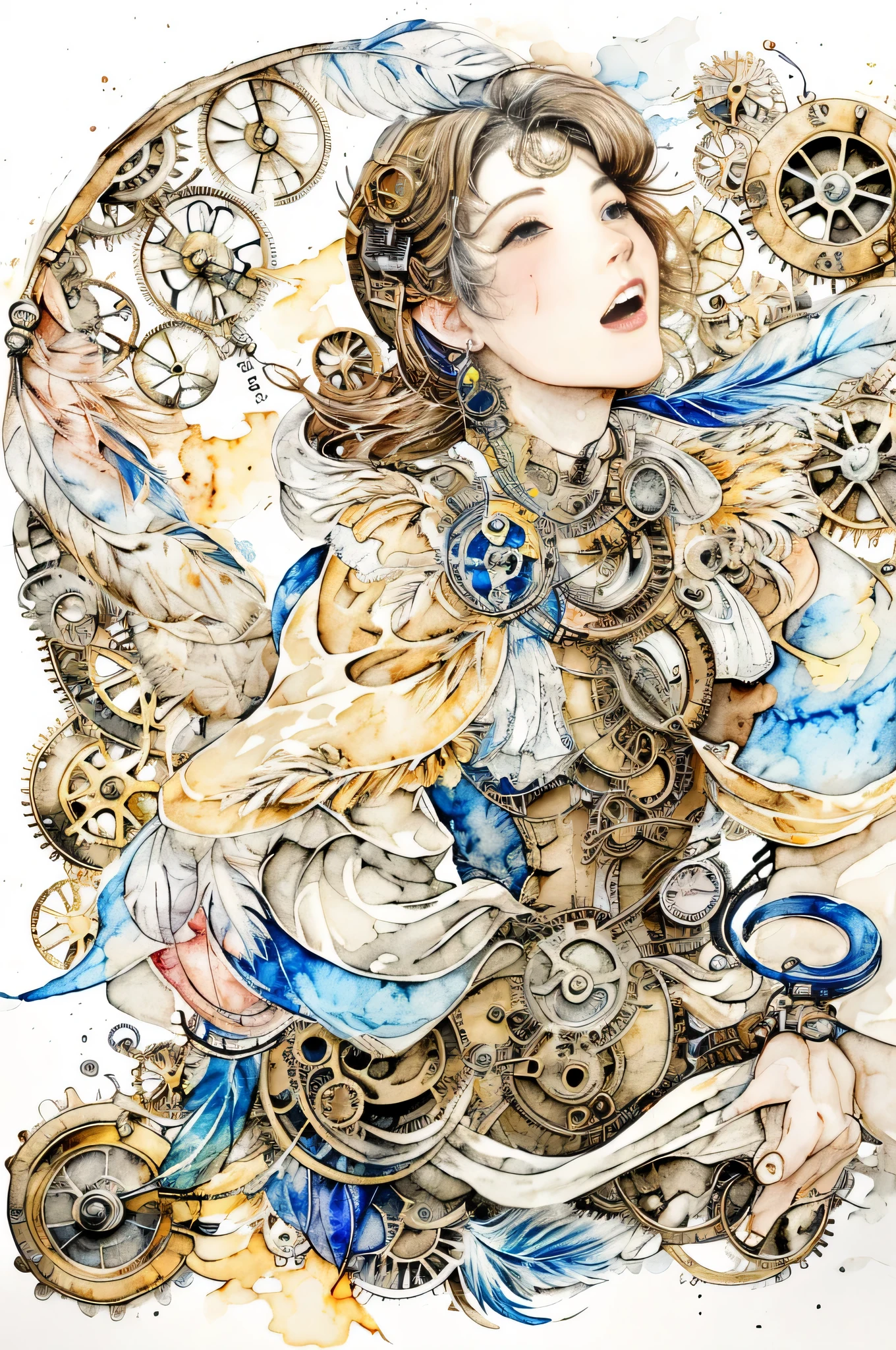 beautiful girl、((abstract steampunk woman)),  wonderful feathers, yellow and brown, watercolor crazy painting on white canvas, become familiar with, delicate touch, A true masterpiece watercolor painting, Habubuki、masterpiece、highest quality、Excited、anger、express victory、detailed description、