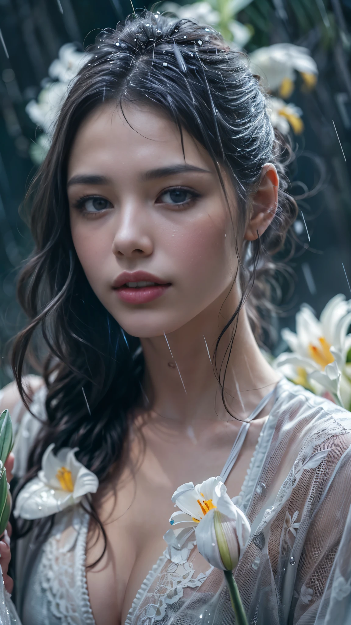 (RAW shooting, Photoreal:1.5, 8K, highest quality, masterpiece, ultra high resolution), (((heavy snow))), perfect dynamic composition:1.2, (In front of a shrine at night in a modern city, expression of sadness:0.9, Tears are flowing:0.9, cry with a broken heart:0.9), Highly detailed skin and facial textures:1.2, Slim office lady wet in the rain:1.3, cowboy shot, Fair skin:1.2, sexy beauty:1.1, perfect style:1.2, beautiful and aesthetic:1.1, very beautiful face:1.2, water droplets on the skin, (rain drips all over my body:1.2, wet body:1.2, wet hair:1.3), (Holding a bouquet of wet lilies:1.2, Wearing a wet silver kimono correctly:1.35), (Medium chest, Bra see-through, Chest gap),  (Eyes that feel beautiful eros:0.8), (Too erotic:0.9, Bewitching:0.9), necklace, earrings, bracelet, wedding ring