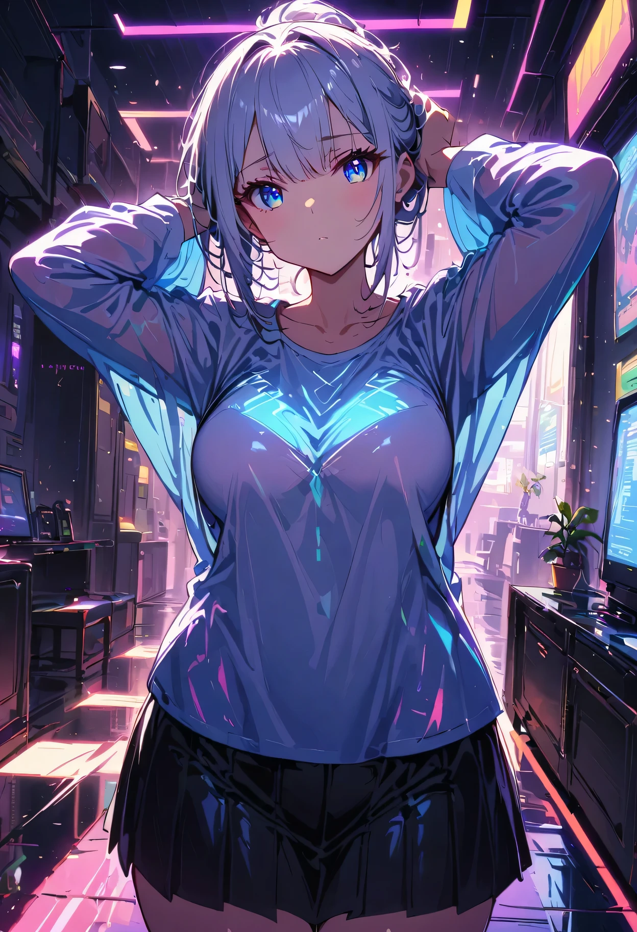 (((1 girl)),Ray tracing,(dim lights),[Detailed background (Living room)),((silver hair)),(silver hair)),((Fluffy silver hair, plump and slim girl)) high ponytail))) Avoid golden eyes in the ominous Living room ((((Girl wearing white opaque shirt, Black pleated skirt with black transparent), Show off a delicate and slender figure and graceful curves, correct limbs, Put your hands behind your head, Put your hands behind your head, Put your hands behind your head , Eye details, beautiful eyes, exquisite eyes, blue eyes