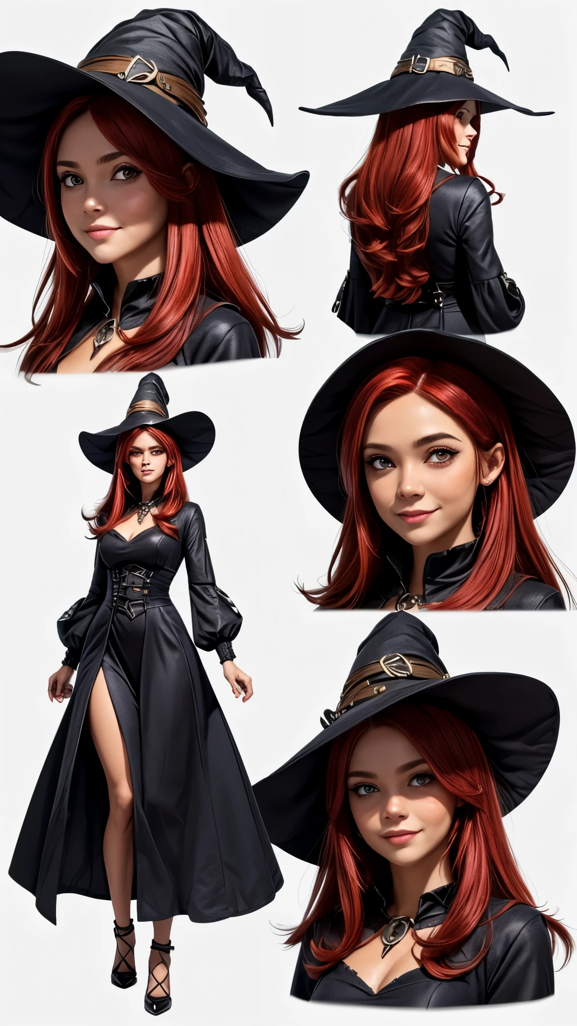 (Masterpiece, best quality), detailed, ((character concept art)), ((character design sheet, same character, front, side, back)), many items, (1woman, female, black long dress, witch hat, witch dress cloth, fire magic, mage of fire, many parts), (ruddy skin color:1.35) , (detailed eyes), detailed face, ((happy face expressions smiling)), athletic physical form, red hair color,  long hair, long style haircut, full of details, (simple background, white background: 1.3)