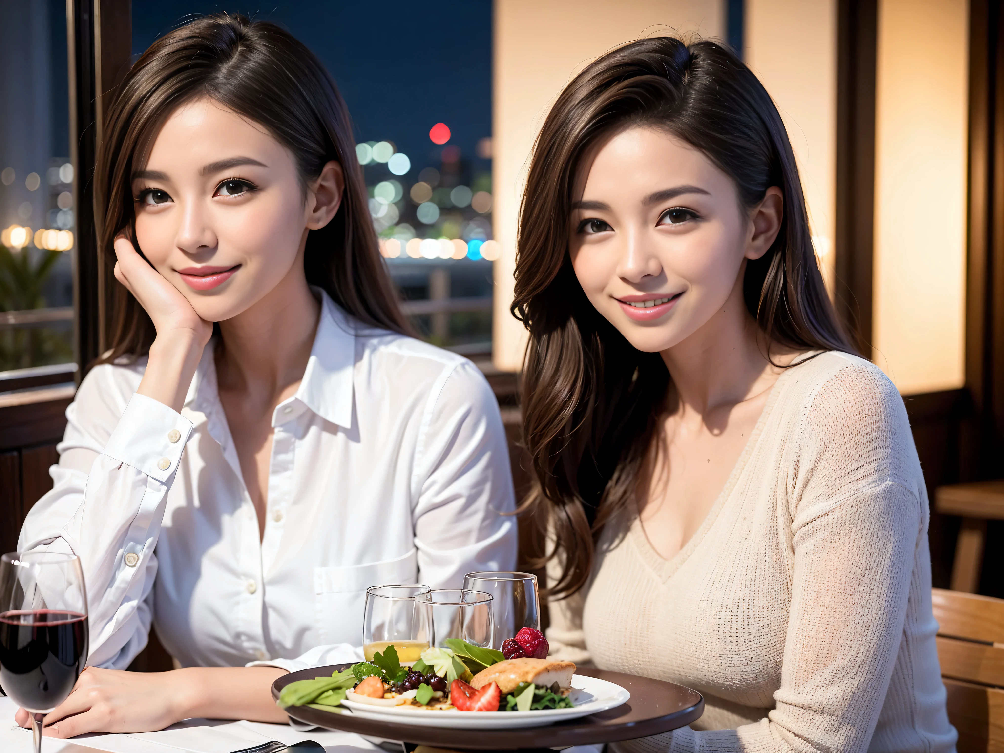 K, UHD, highest quality, masterpiece: 1.2), (realistic, photorealistic: 1.37), Super detailed, 3 slim beauties, (slim face),Happy、 the best smile、Fox face、Berry Short、(because I&#39;thin), (brown hair), (shortcut), long sleeve shirt、winter fashion、Colombian、Brazilian、Japanese、Dutch、German、Portuguese、Belgian、Italian、French,Champagne、SparKling wine、 (gush), (slim body), (brown hair), (shortcut), neat beauty、cheeKs blush a little, (35 years old), 38 years old, alone, A beautiful and detailed night view spreads out outside the window..., restaurant, wine glass is sitting, At night, in a prominent place (from the Upper body) nova frog style, actress, model, Upper body, White wine, slim, wine glass, very beautiful night view, wine glass Put in the Middle, Happy smile, (smile: 1.15), 