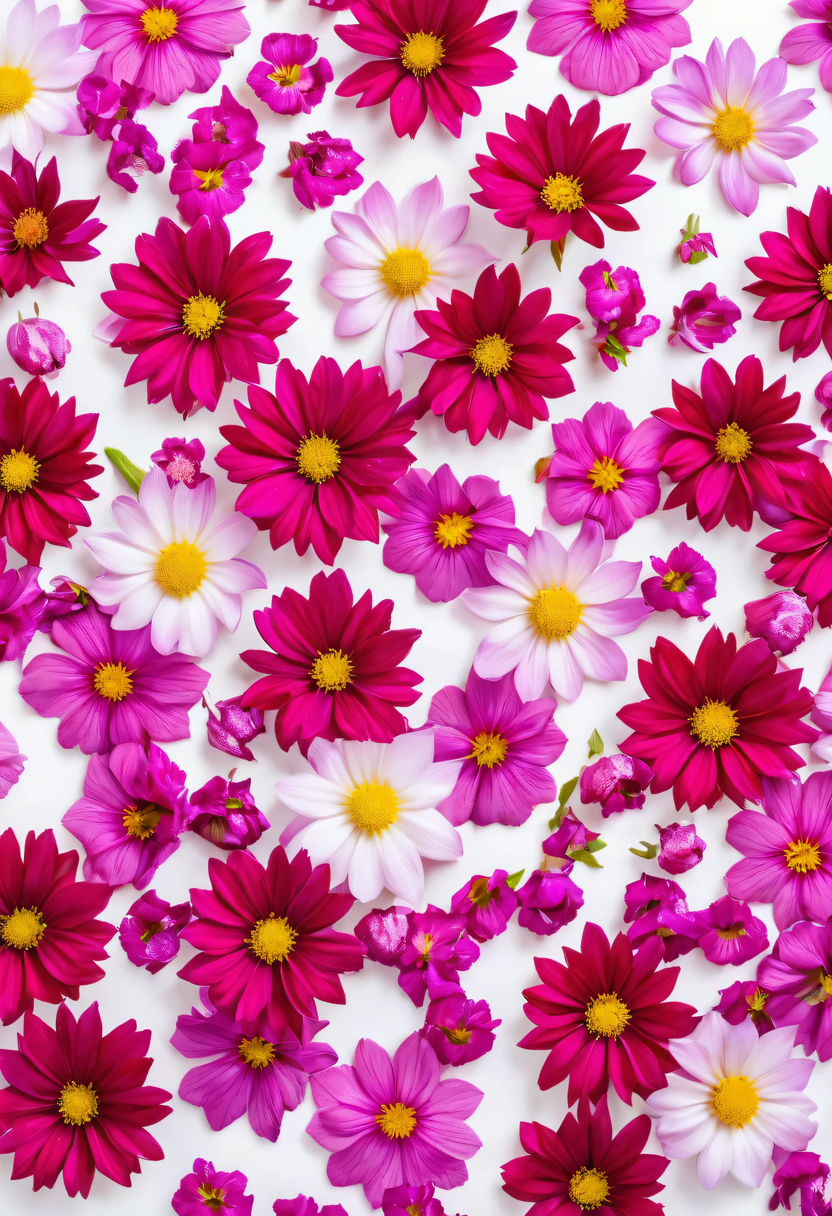 a close up of a bunch of flowers on a white background, patchy flowers, flowers blooming, flower blossoms, beautiful flowers growing, edible flowers, blooming flowers, brightly colored flowers, decorative flowers, colourful flowers, colorful flowers, beautiful flowers, many flowers, colored flowers, flowers and blossoms, fragrant plants, many mechflowers, red and magenta flowers, flowers and stems