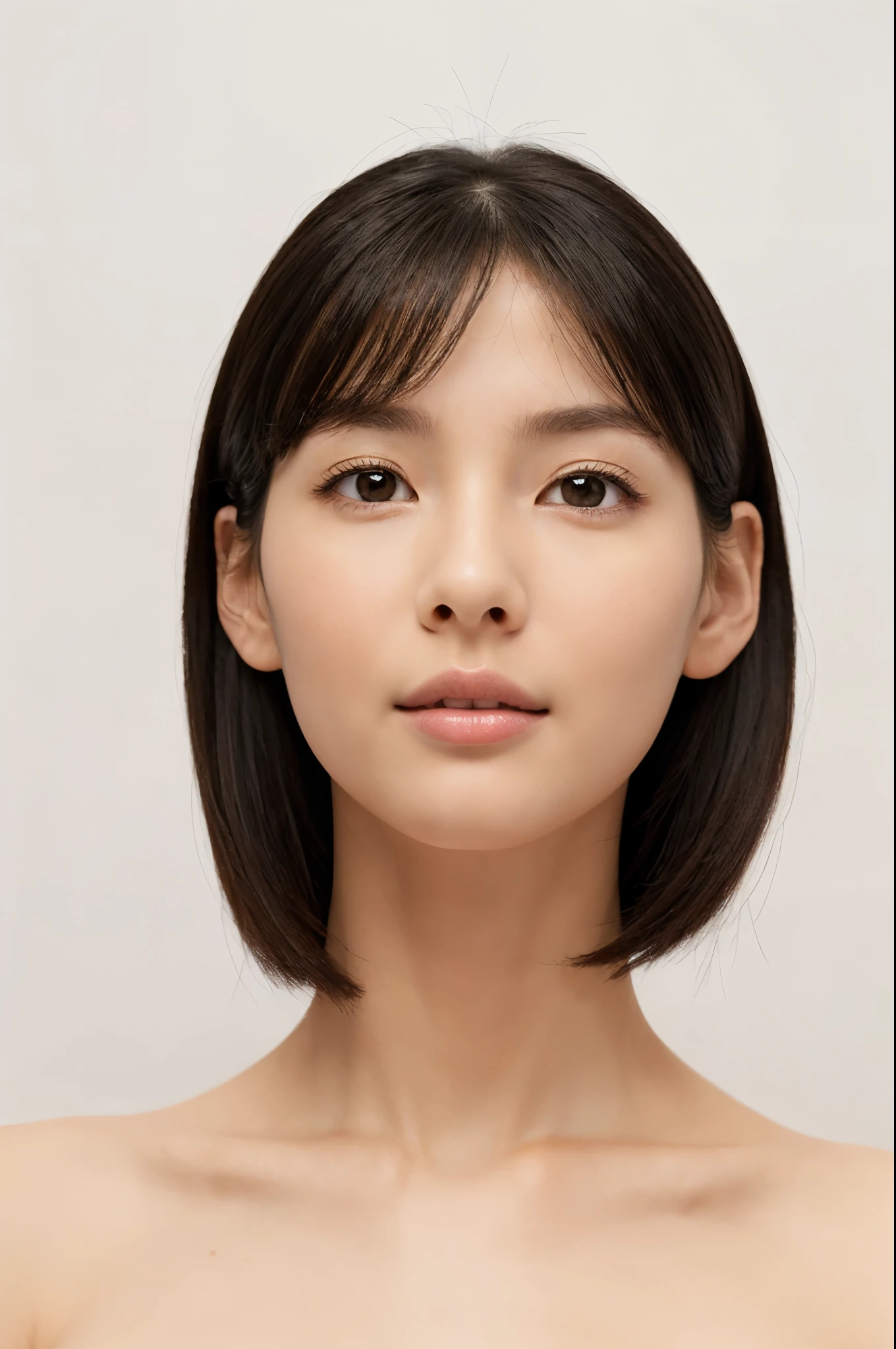 ((masterpiece, top quality, high definition)), 1 girl, (photorealistic: 1.4), solo, white background, snow-white background, mouth closed, happy smile, pretty black hair, short hair, big eyes, clear double eyelids, eyelashes, ears out, absolute area, ((face close-up)), (drawing all head, shoulders), 30 years old, Attractive proportions, glossy skin, clean collarbone, face in golden proportion, perfect face, teardrop mole, mole on chest, bangs, clean bangs, beautiful bangs, lip gloss, thin lips, pale skin, naked, small breasts, small face, head all drawn, shoulders all drawn, staring at the camera slightly upwards
