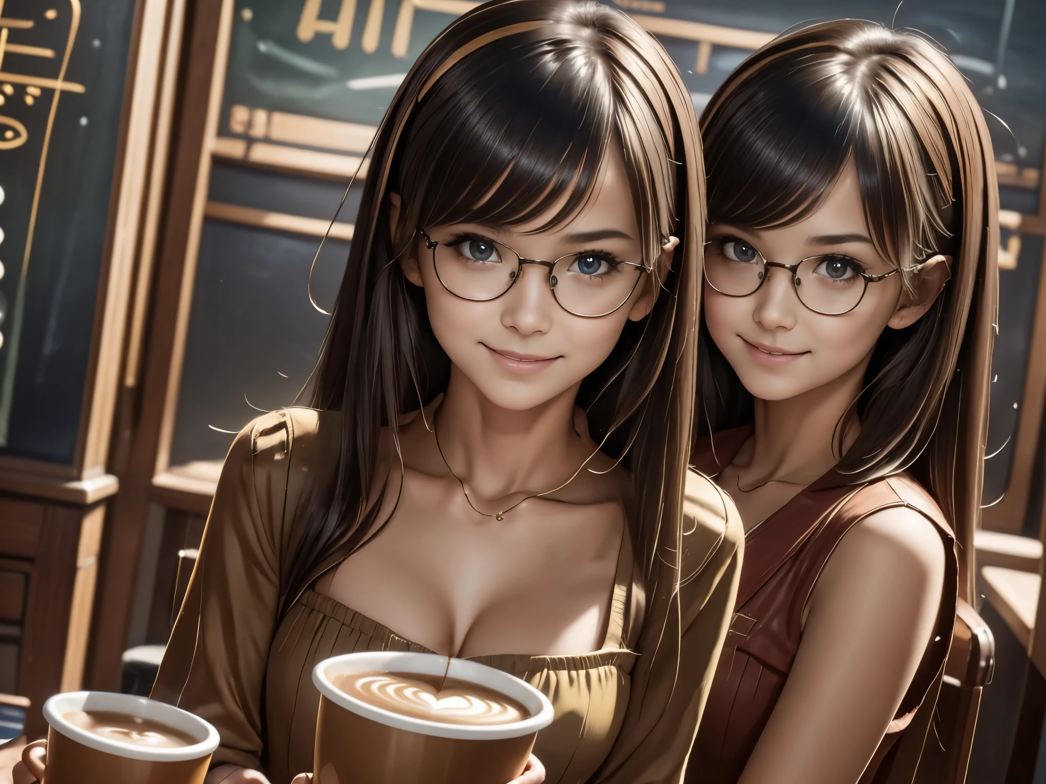 a girl playing Invader Game in a coffee shop,illustration,bokeh,beautiful detailed eyes,beautiful detailed lips,extremely detailed eyes and face,long eyelashes,unique hairstyle,vintage glasses,cute smile,retro fashion,golden light,muted colors,soft shadows,artistic style,painting-like effect,vintage interior design,old-fashioned arcade machine,coffee cups and saucers,classical background music,cozy atmosphere,expressive facial expression,interaction with the game,casual outfit,vibrant arcade cabinet,glowing game buttons,excitement and concentration,retro sound effects,neon signs,smoke from the coffee,old vinyl records,comfortable seating area,coffee beans aroma,tiled floor,classic tabletop game,steamed milk art,latte art,sunlight streaming through the windows,coffee menu board handwritten with chalk,friendly barista,{
  "tags": [
    "(best quality,4k,8k,highres,masterpiece:1.2)",
    "ultra-detailed",
    "(realistic,photorealistic,photo-realistic:1.37)",
    "HDR",
    "UHD",
    "studio lighting",
    "ultra-fine painting",
    "sharp focus",
    "physically-based rendering",
    "extreme detail description",
    "professional",
    "vivid colors",
    "portraits",
    "concept artists"
  ]
}