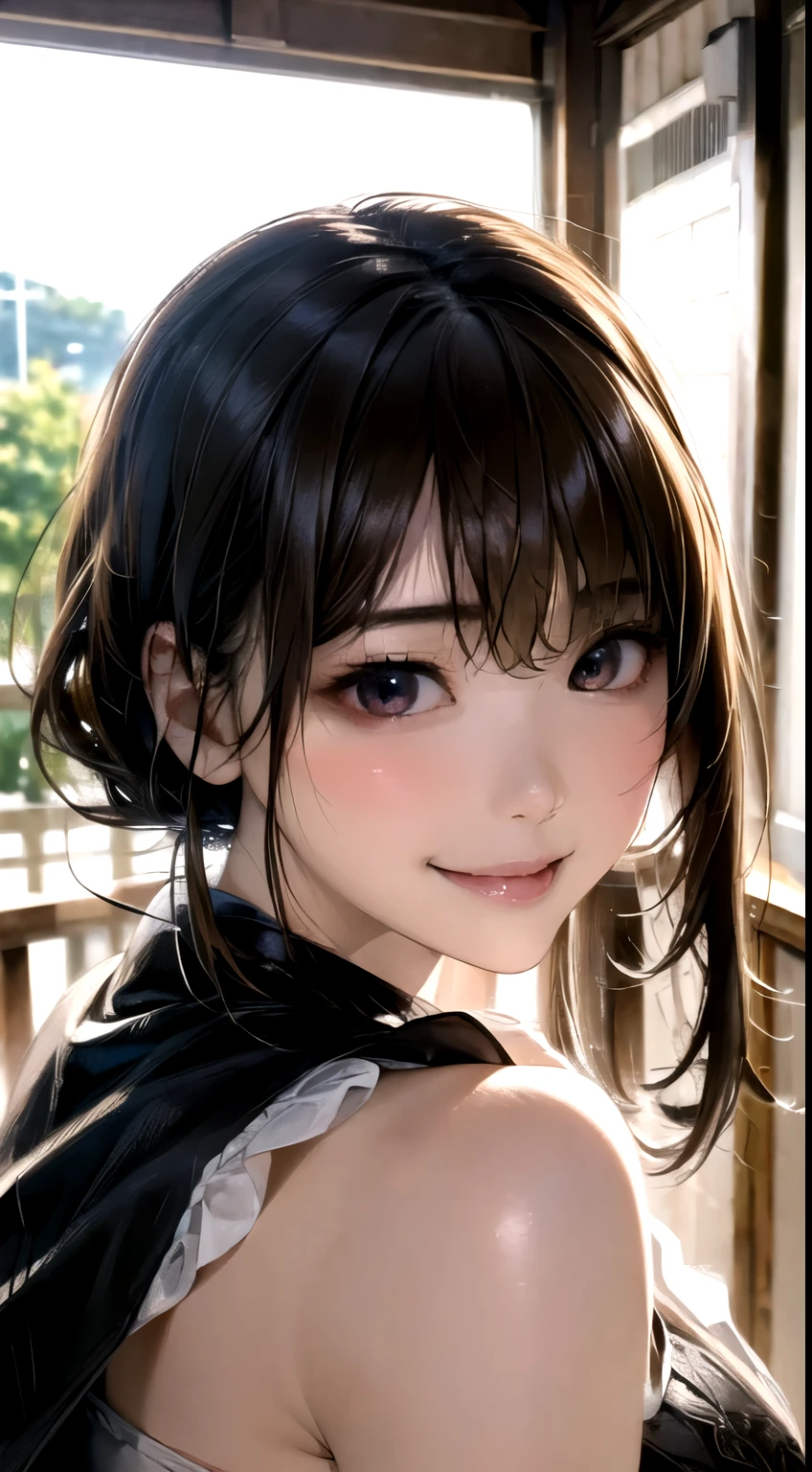 (Woman close up)、Depiction of the upper body、((20-year-old female)),smile、((ponytail、Brown Hair))、Blushing、(Open your mouth a little、High resolution、32K))、Cute Winter Clothes、((Late night love hotel district、neon))