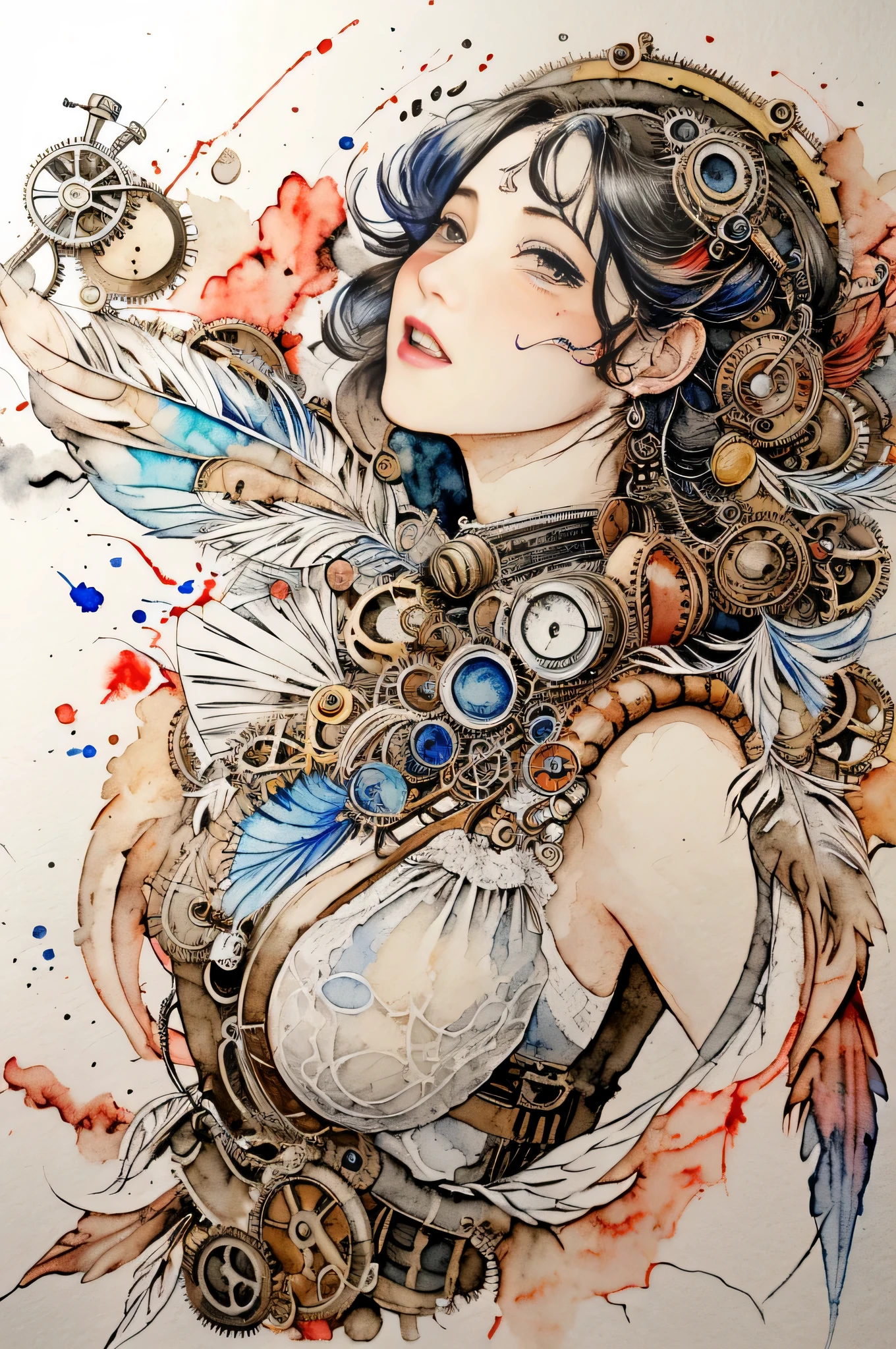 beautiful girl、((abstract steampunk woman)), wonderful feathers, Red and Black、 watercolor crazy painting on white canvas, become familiar with, delicate touch, A true masterpiece watercolor painting, Habubuki、masterpiece、highest quality、Excited、anger、express victory、detailed description、
