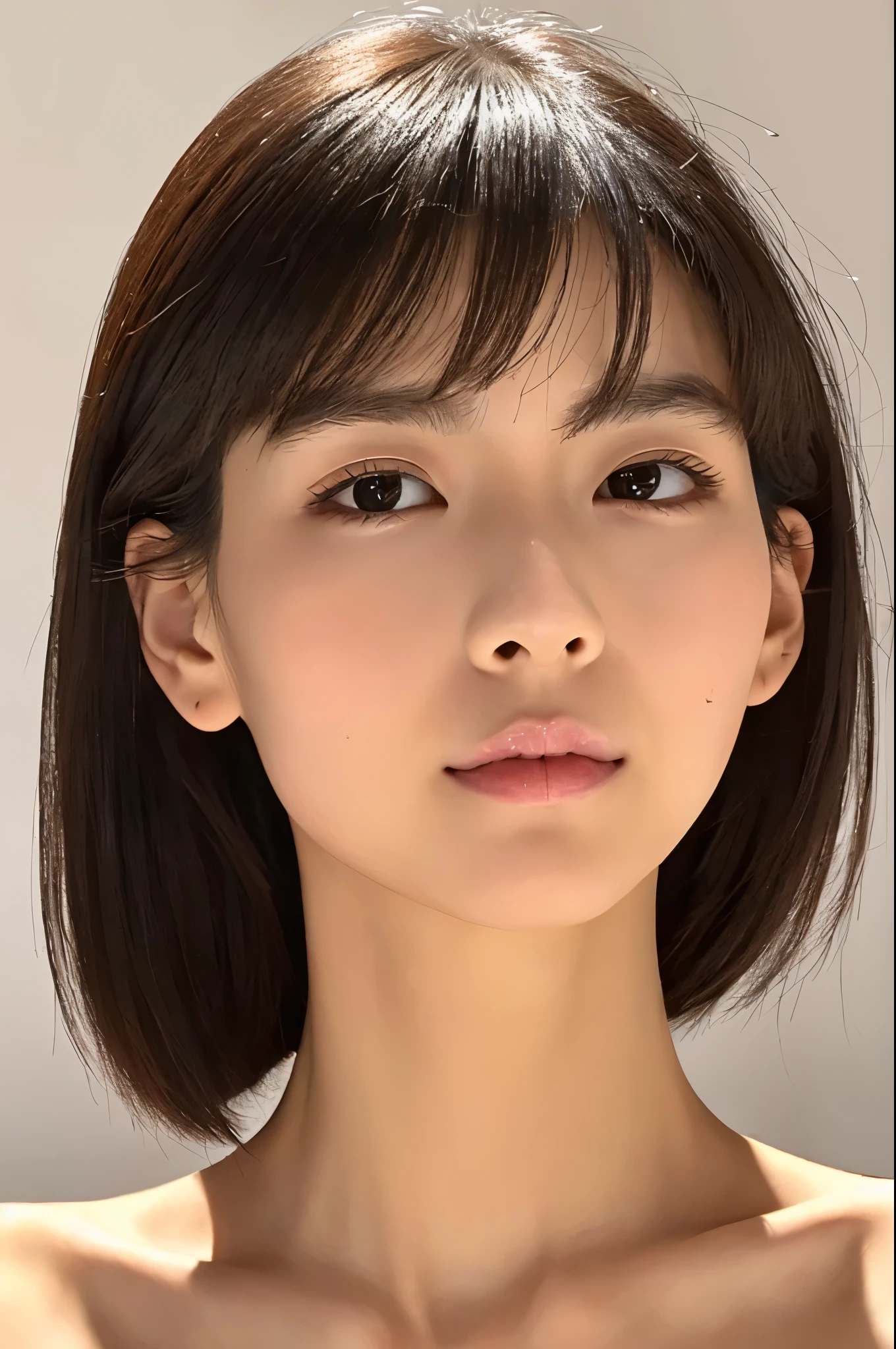 ((masterpiece, top quality, high definition)), 1 girl, (photorealistic: 1.4), solo, white background, snow-white background, mouth closed, happy smile, pretty black hair, short hair, big eyes, clear double eyelids, eyelashes, ears out, absolute area, ((face close-up)), (drawing all head, shoulders), 30 years old, Attractive proportions, glossy skin, clean collarbone, face in golden proportion, perfect face, teardrop mole, mole on chest, bangs, clean bangs, beautiful bangs, lip gloss, thin lips, pale skin, naked, small breasts, small face, head all drawn, shoulders all drawn, staring at the camera slightly upwards
