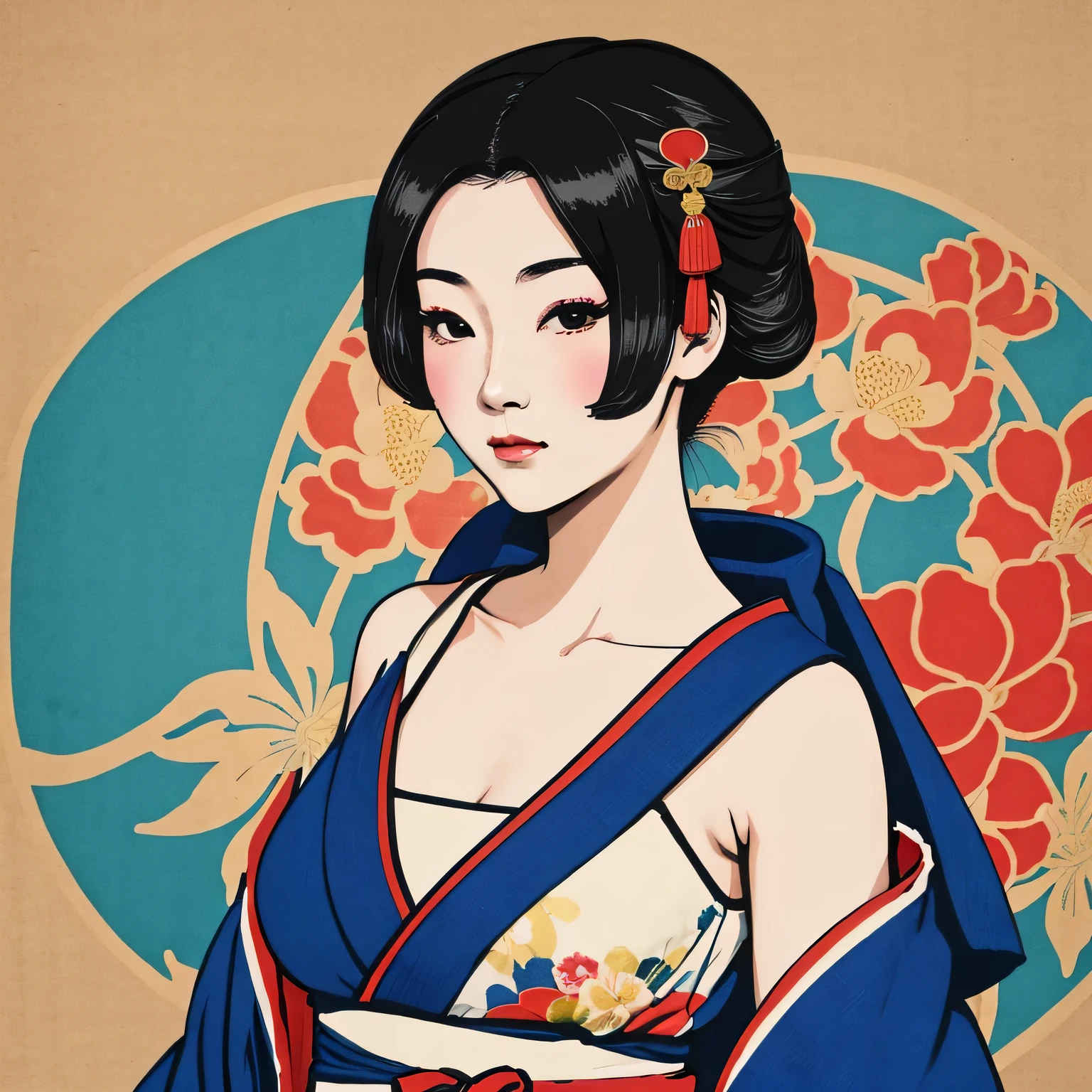  Art vintage japonais, Conception de t-shirts, art vectoriel, art plat:1,4. \\ (japonaise, en kimono, best quality, Art officiel, Beaucoup de couleurs, couleurs du japon, ukiyo-e, couleurs, printemps , bare shoulders, belles formes,: 1.2