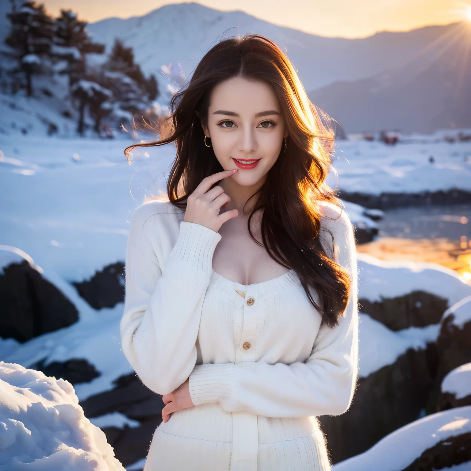 ((top quality、8k、​Masterpiece:1.3))、Extremely delicate and beautiful girl，full-body shot，huge breasts，bigger breasts，amazing breast size，G cup，Half of the breasts are exposed。Wear big earrings，Very white skin，moist red lips，Waist is very thin，Thighs are very thin，big butt，fair and smooth skin，Smooth and fair skin，flawless skin，Fair and shiny skin，cold white skin，The camera focuses on the chest，Bright light，white sweater，Lower body exposed，white hair，White hair，heavy snow，snow mountain，sunset，lake，sweet smile，mouth slightly open