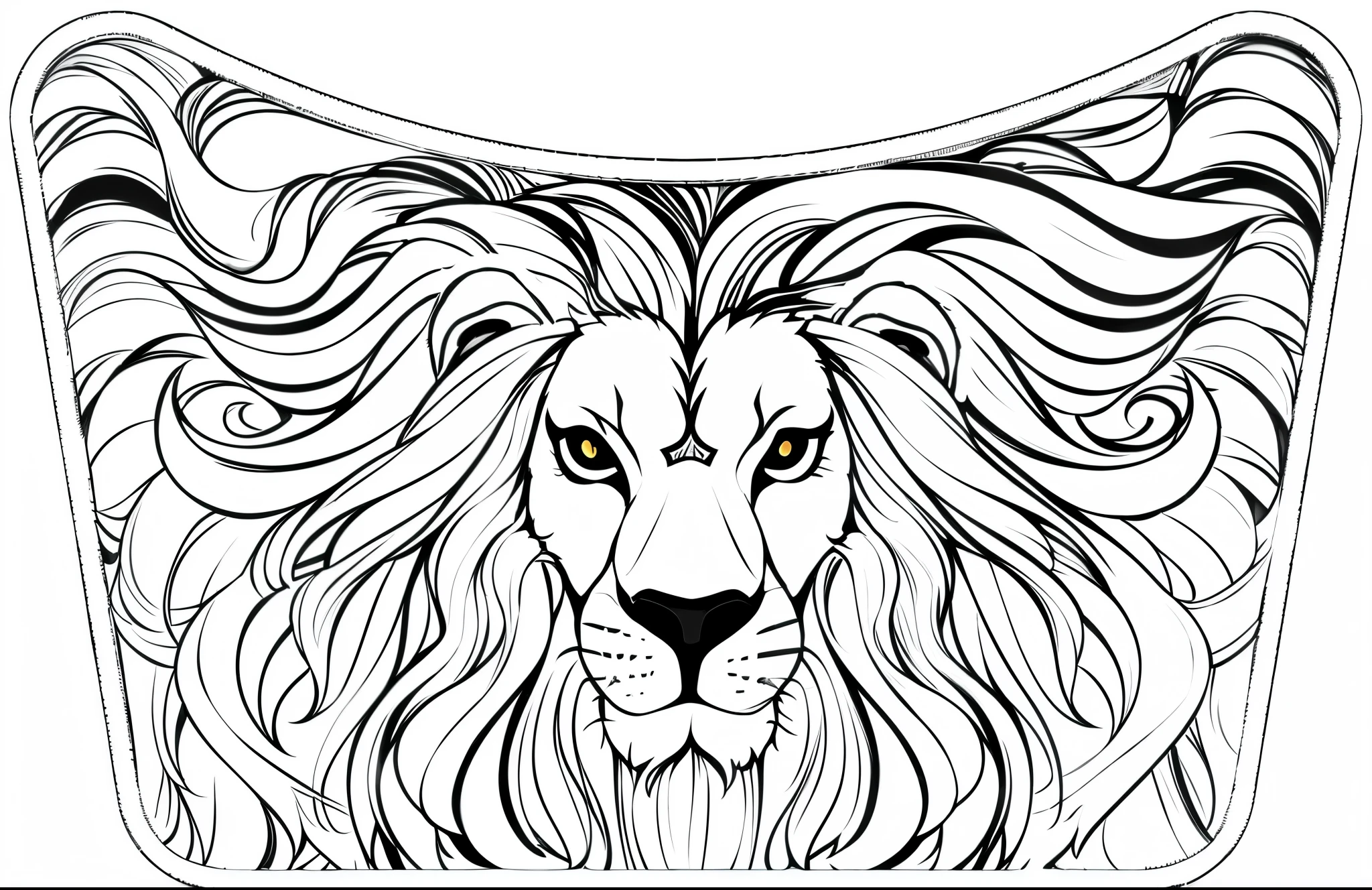 (Monochrome, Adult Colouring Pages, Vectorized) Vector design with image of a lion's head on the front, lion's hairs spread throughout the image, head, composition, hairs. Background decorated with lion head hair image::5 This is adult colouring, text, smooth lines, vector design with image