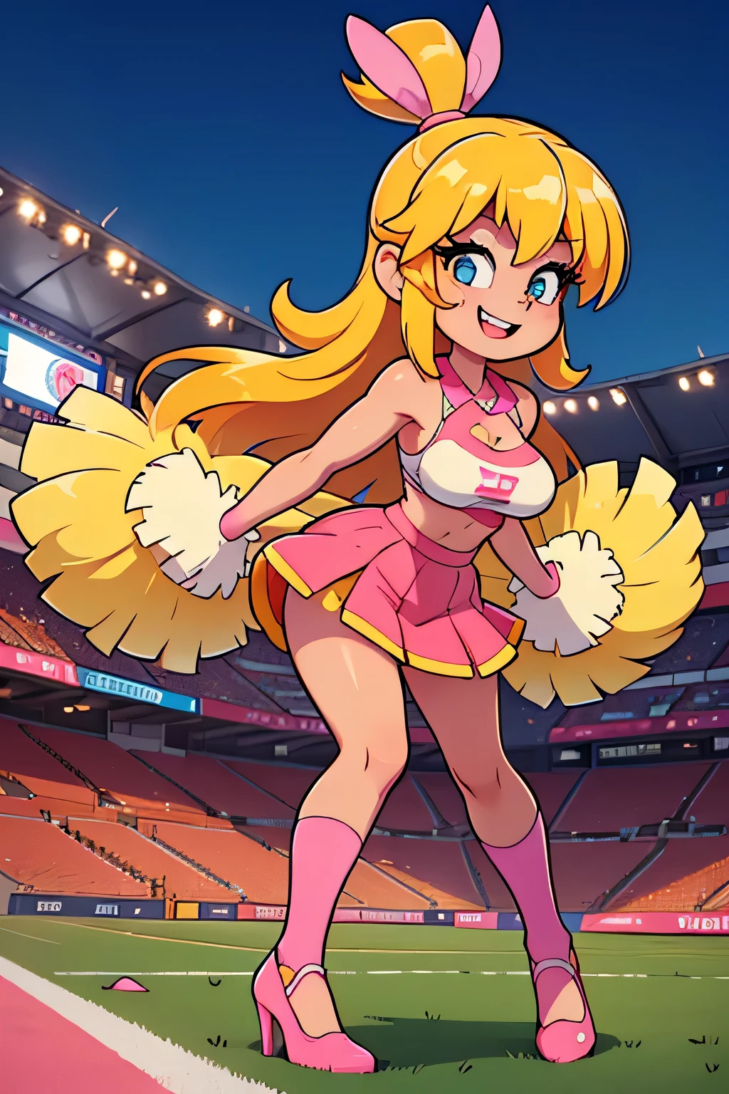 A Girl Smiling evil standing in a football stadium sexy sexual affectionate big breast and long yellow hair and she is wearing a pink cheerleader with a white stripe and underneath a metallic pink circular skirt and she is wearing a pair of long white heels and her hand is throwing a hornet in the background people attacked wasp