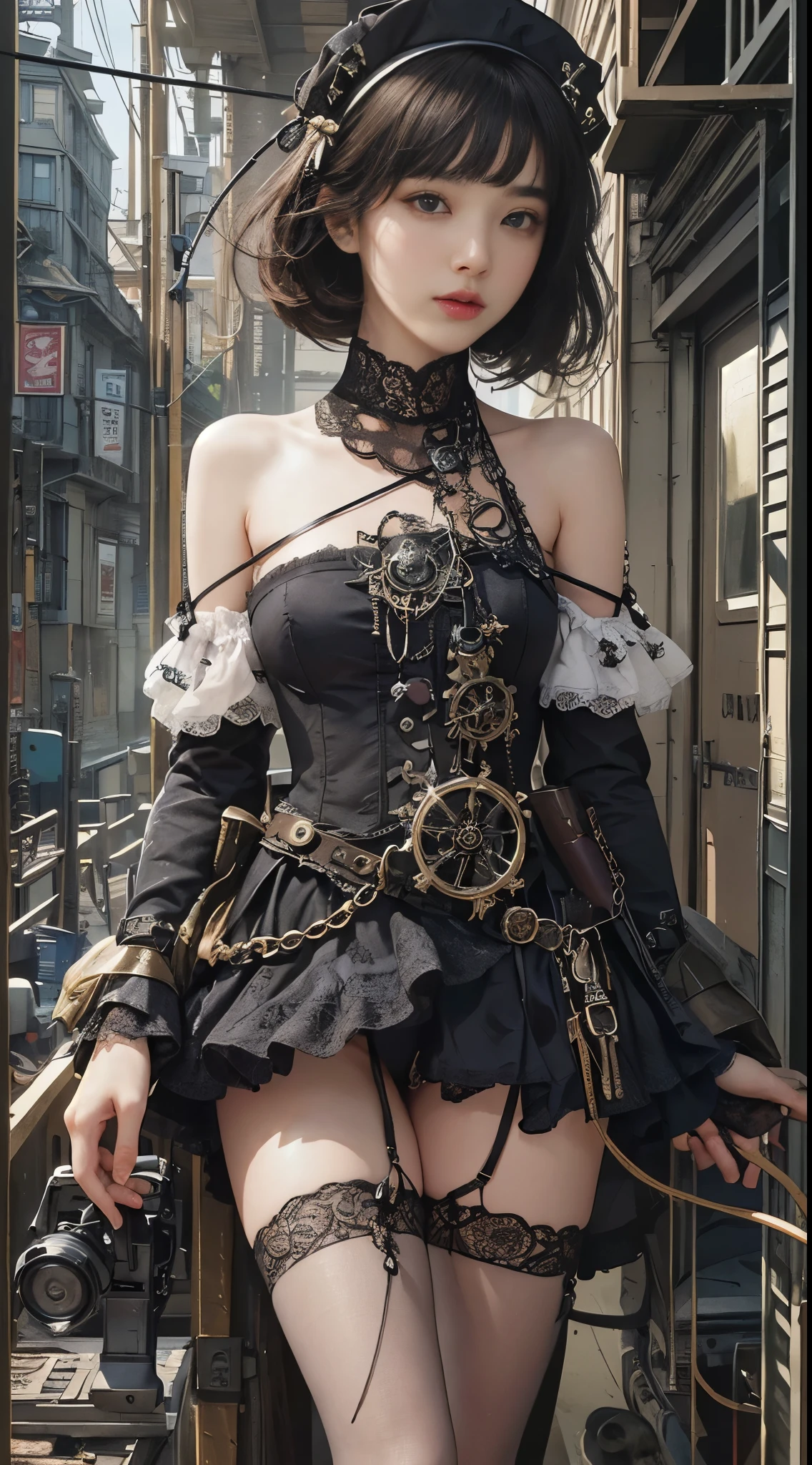 (((masterpiece, highest quality, Super detailed))), 1 female, (((very thin body))) , (((length, thin legs))), (((black short bob, thick fluffy bangs ))), (((highly detailed face))), No cosmetics, small and thin nose, thin mouth with small lips, (((Very sharp focused eyes))), Precise pale gray eyes with large slits, shine like a jewel, length eyelashes, ((Highly decorative intricate mechanical steampunk fashion, Lace Flare Mini Skirt, above the knee lace stockings, Lace Off Shoulder ta Fashion, Overly decorative fashion)), Abandoned Night, Complex mechanized steampunk factory catches fire and explodes, (((Overall accuracy has been dramatically improved, creating a Super detailed and realistic image))), super realistic photos, (((steampunk gun)))