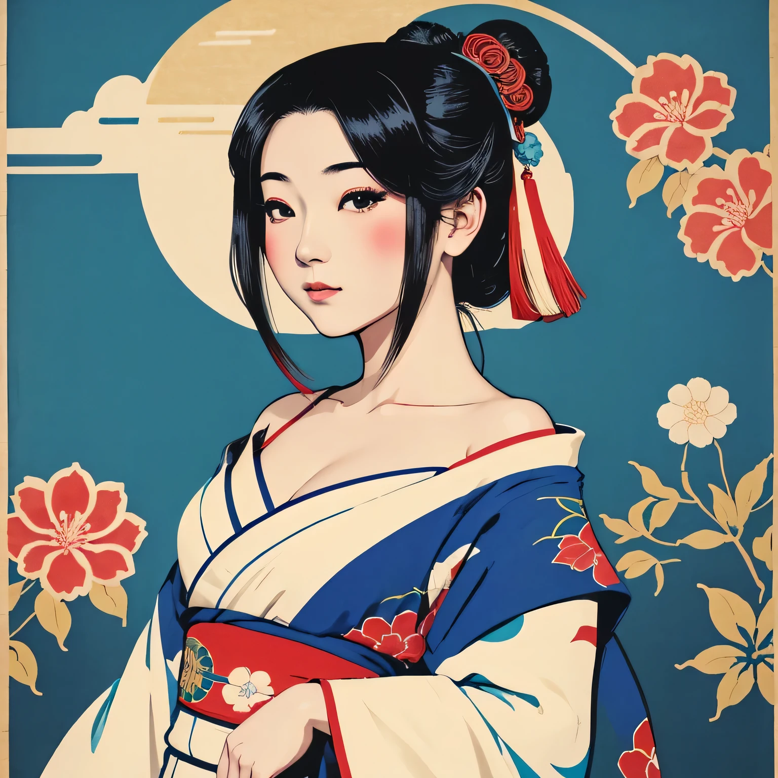 Art vintage japonais, Conception de t-shirts, art vectoriel, art plat:1,4. \\ (japonaise, en kimono, best quality, Art officiel, Beaucoup de couleurs, couleurs du japon, ukiyo-e, couleurs, printemps , bare shoulders, belles formes,: 1.2