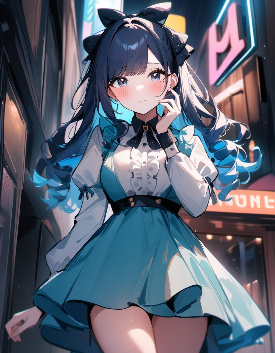 1girl, idolmaster, idolmaster shiny colors, Neon Sign, PENeonSign, neon sign, glowing, colorful, masterpiece, best quality, very aesthetic, absurdres, bangs, blue hair, blunt bangs, blush, bow, breasts, closed mouth, commentary request, dress, drill hair, hair bow, hand on own face, highres, idolmaster, idolmaster shiny colors, juliet sleeves, long hair, long sleeves, looking at viewer, medium breasts, mole, mole under eye,