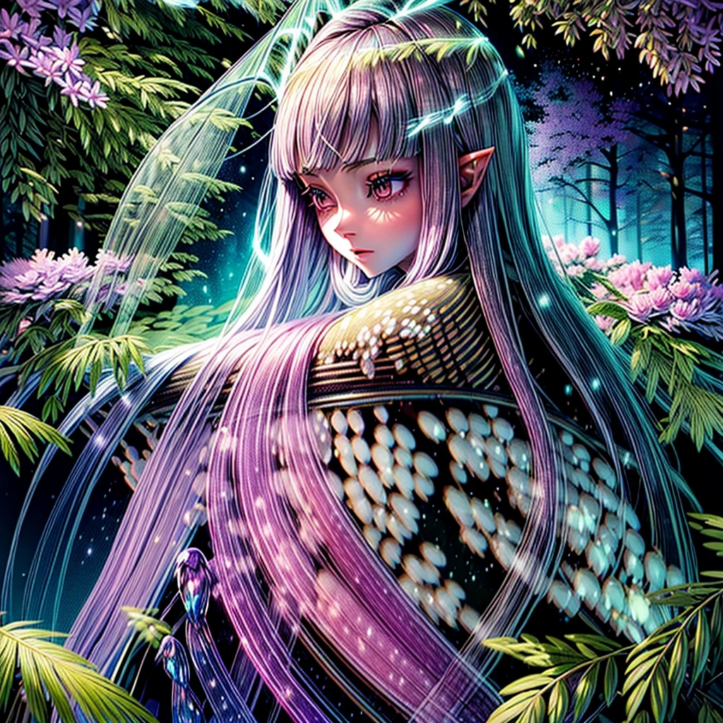 A beautiful Young elven woman, in her s. Very long metallic silver hair that is reflecting light. Her hair shimmering glittering lights off it. She is sitting on a bed of flowers, Sitting on her knees, side view, Elegant flowing soft pink and lavender gown, (gown), running her hand through her hair, (hand in hair), fascinated expression, (excited expression)