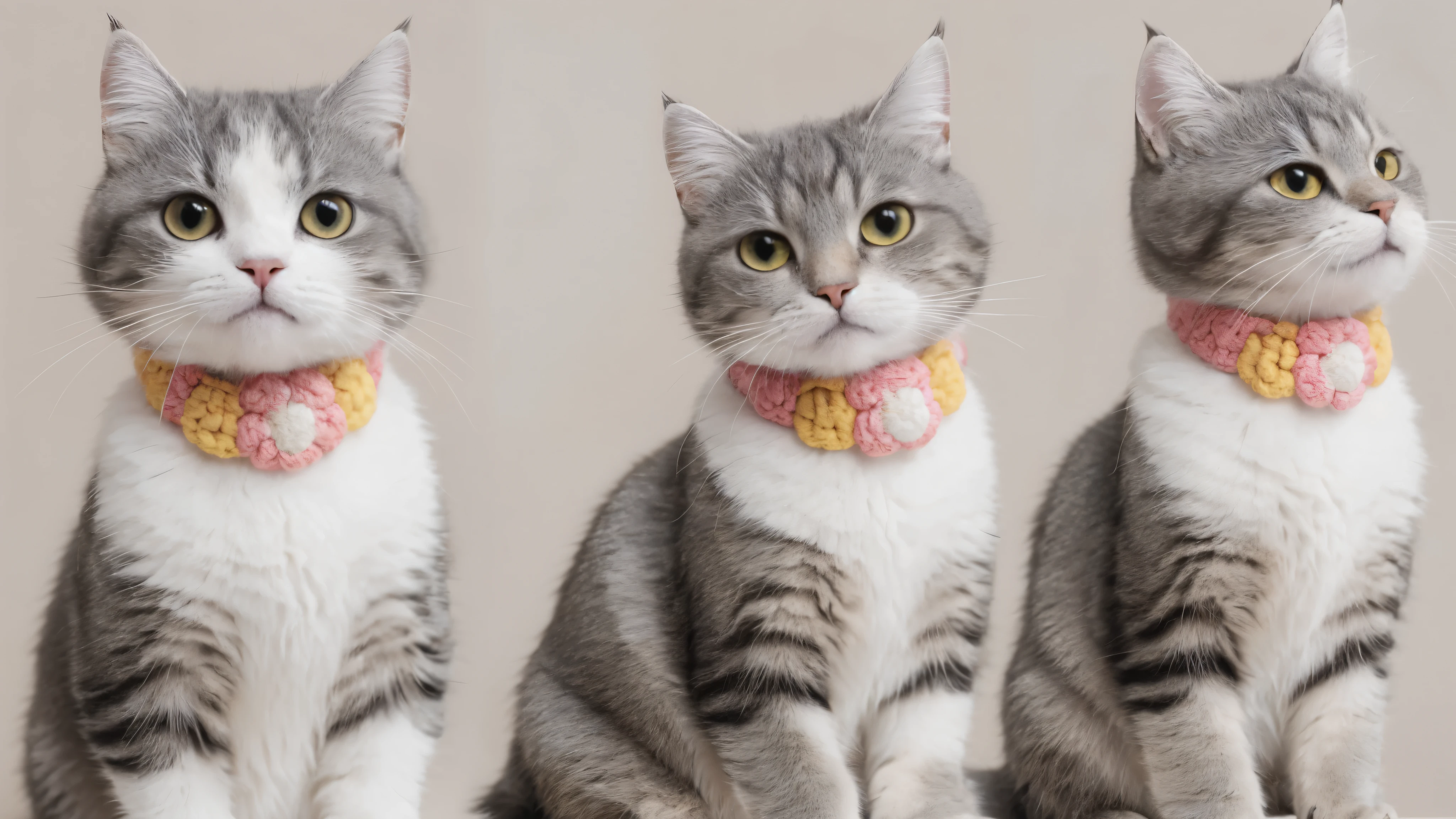Cat, alone, looking at the audience, Lovely, charming, Simple background, Flower collar, vague, black eyes, no humans, vague background,character design sheet,full of details, Various poses and expressions, Three View,front,Positive side面,front and back,Very detailed, depth, animal, front,Positive side,due north