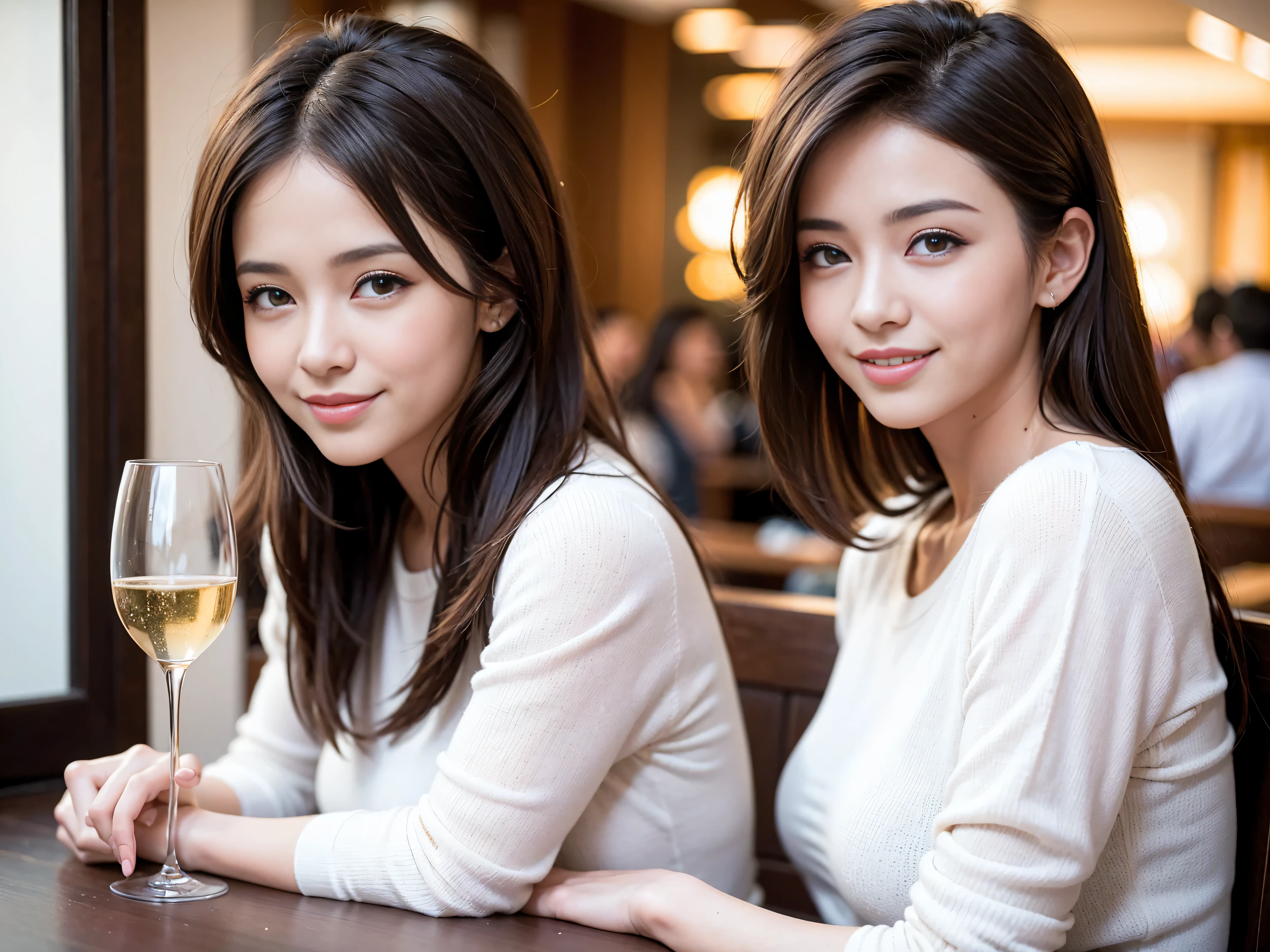K, UHD, highest quality, masterpiece: 1.2), (realistic, photorealistic: 1.37), Super detailed, 3 slim beauties, (slim face),Happy、 the best smile、Fox face、Berry Short、(because I&#39;thin), (brown hair), (shortcut), long sleeve shirt、winter fashion、Colombian、Brazilian、Japanese、Dutch、German、Portuguese、Belgian、Italian、French,Champagne、SparKling wine、 (gush), (slim body), (brown hair), (shortcut), neat beauty、cheeKs blush a little, (35 years old), 38 years old, alone, A beautiful and detailed night view spreads out outside the window..., restaurant, wine glass is sitting, At night, in a prominent place (from the Upper body) nova frog style, actress, model, Upper body, White wine, slim, wine glass, very beautiful night view, wine glass Put in the Middle, Happy smile, (smile: 1.15), 