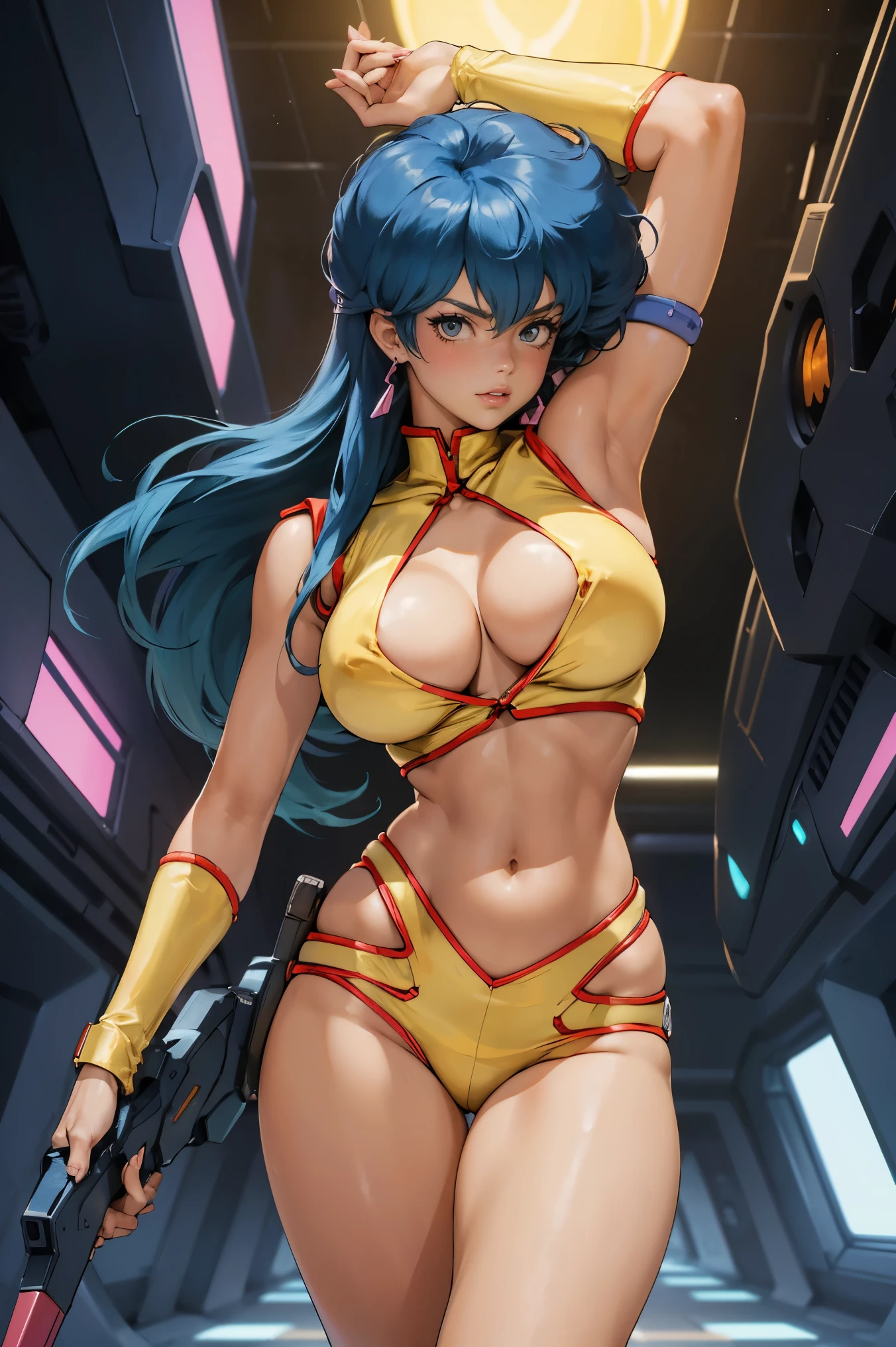 Yuri from The Dirty Pair, , wearing a tight outfit, skimpy, medium breast, (long hair), dark blue hair, beauty, cyberpunk city background, holding retro space-gun, cleavage, slim waist, slim thighs, thigh gap, (light yellow uniform), show belly