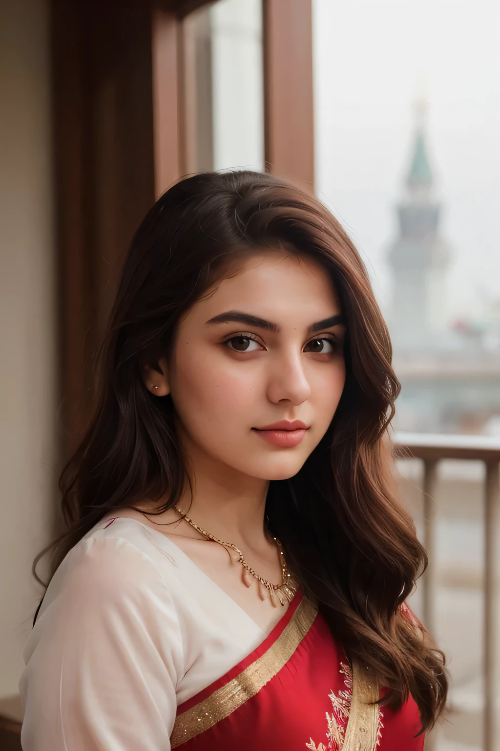 "Create a charming portrait that shows the allure of an 18-year-old young Pakistani Russian girl who is beautiful, sweet, and camera-friendly with deep brown eyes, sharp nose, porcelain white skin, and flowing chestnut hair. looks at, holds her. An essence with delicate features and an air of timeless beauty. She is wearing a red ensemble with a slight blush on her cheeks adding to her beauty."