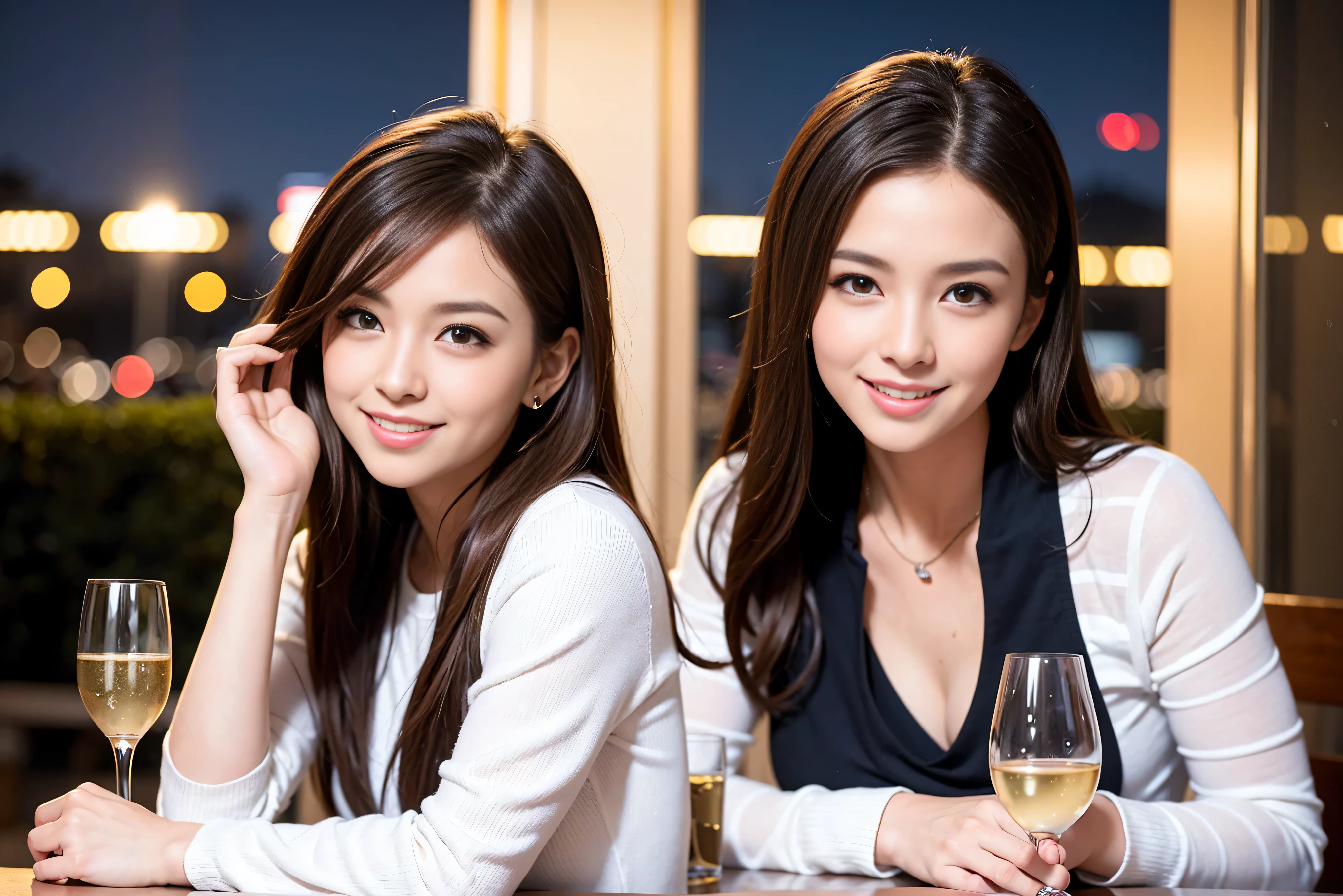 K, UHD, highest quality, masterpiece: 1.2), (realistic, photorealistic: 1.37), Super detailed, 3 slim beauties, (slim face),Happy、 the best smile、Fox face、Berry Short、(because I'thin), (brown hair), (shortcut), long sleeve shirt、winter fashion、Colombian、Brazilian、Japanese、Dutch、German、Portuguese、Belgian、Italian、French,Champagne、SparKling wine、 (gush), (slim body), (brown hair), (shortcut), neat beauty、cheeKs blush a little, (35 years old), 38 years old, alone, A beautiful and detailed night view spreads out outside the window..., restaurant, wine glass is sitting, At night, in a prominent place (from the Upper body) nova frog style, actress, model, Upper body, White wine, slim, wine glass, very beautiful night view, wine glass Put in the Middle, Happy smile, (smile: 1.15),