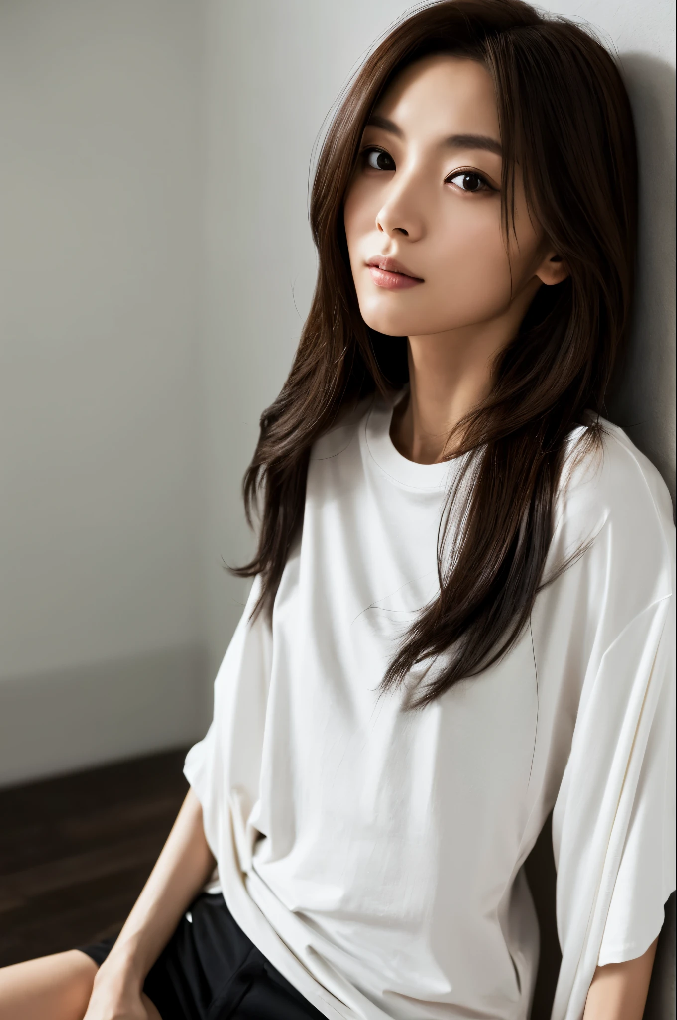 A skinny Japanese lady, long wavy hair, wearing (long T-shirt:1.3), sitting in a dark room. The walls are painted in soft white. Realistic, Photorealistic, High quality, RAW photograph, detailed background, highly detailed, sharp focus, high resolution, 8k, uhd, dslr, realistic eyes, perfect eyes,