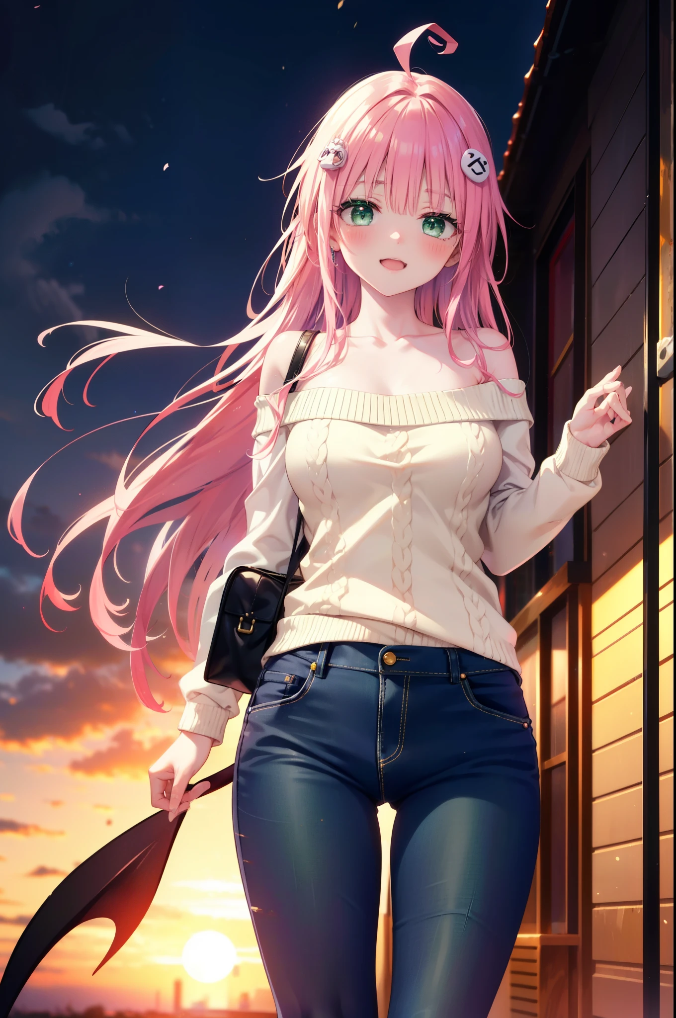 Lara Deviluke, Lara Deviluke, long hair, pink hair, tail, Ahoge, bangs, hair ornaments, (green eyes:1.5), smile,blush,open your mouth,demon tail,off shoulder sweater,bare shoulders,bare clavicle,naked neck,short denim pants,black pantyhose,short boots,bag,evening,夕陽
break outdoors, In town,ビル街
break looking at viewer, (cowboy shot:1.5),
break (masterpiece:1.2), highest quality, High resolution, unity 8k w全てpaper, (shape:0.8), (beautiful detailed eyes:1.6), extremely detailed face, perfect lighting, extremely detailed CG, (perfect hands, perfect anatomy),