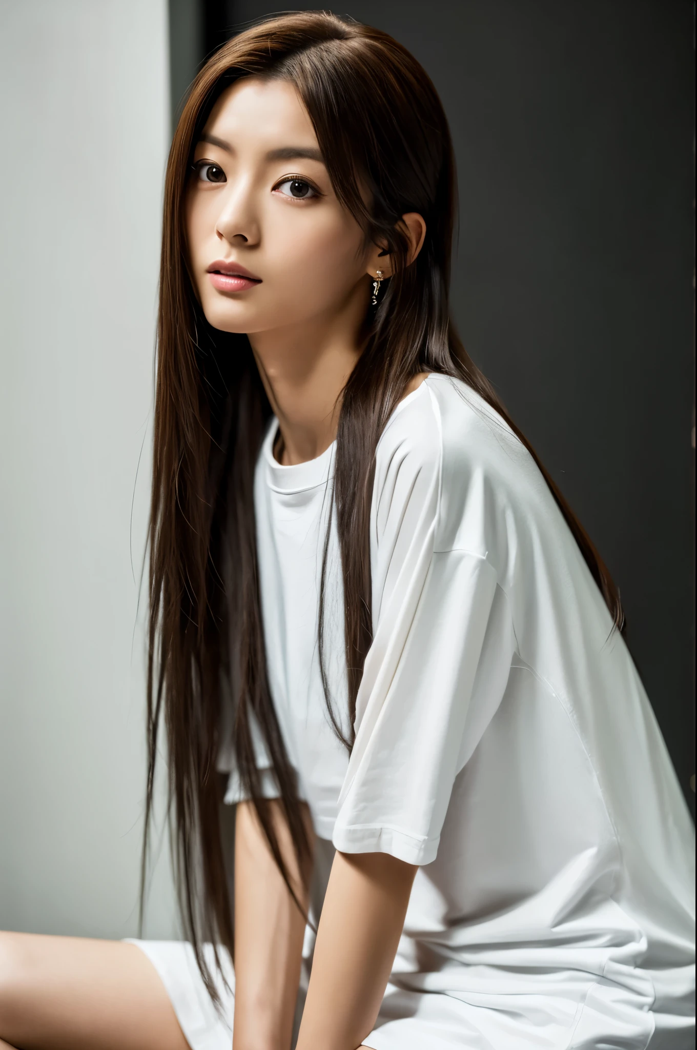 A skinny Japanese lady, long wavy hair, wearing (long T-shirt:1.3), sitting in a dark room. The walls are painted in soft white. Realistic, Photorealistic, High quality, RAW photograph, detailed background, highly detailed, sharp focus, high resolution, 8k, uhd, dslr, realistic eyes, perfect eyes,
