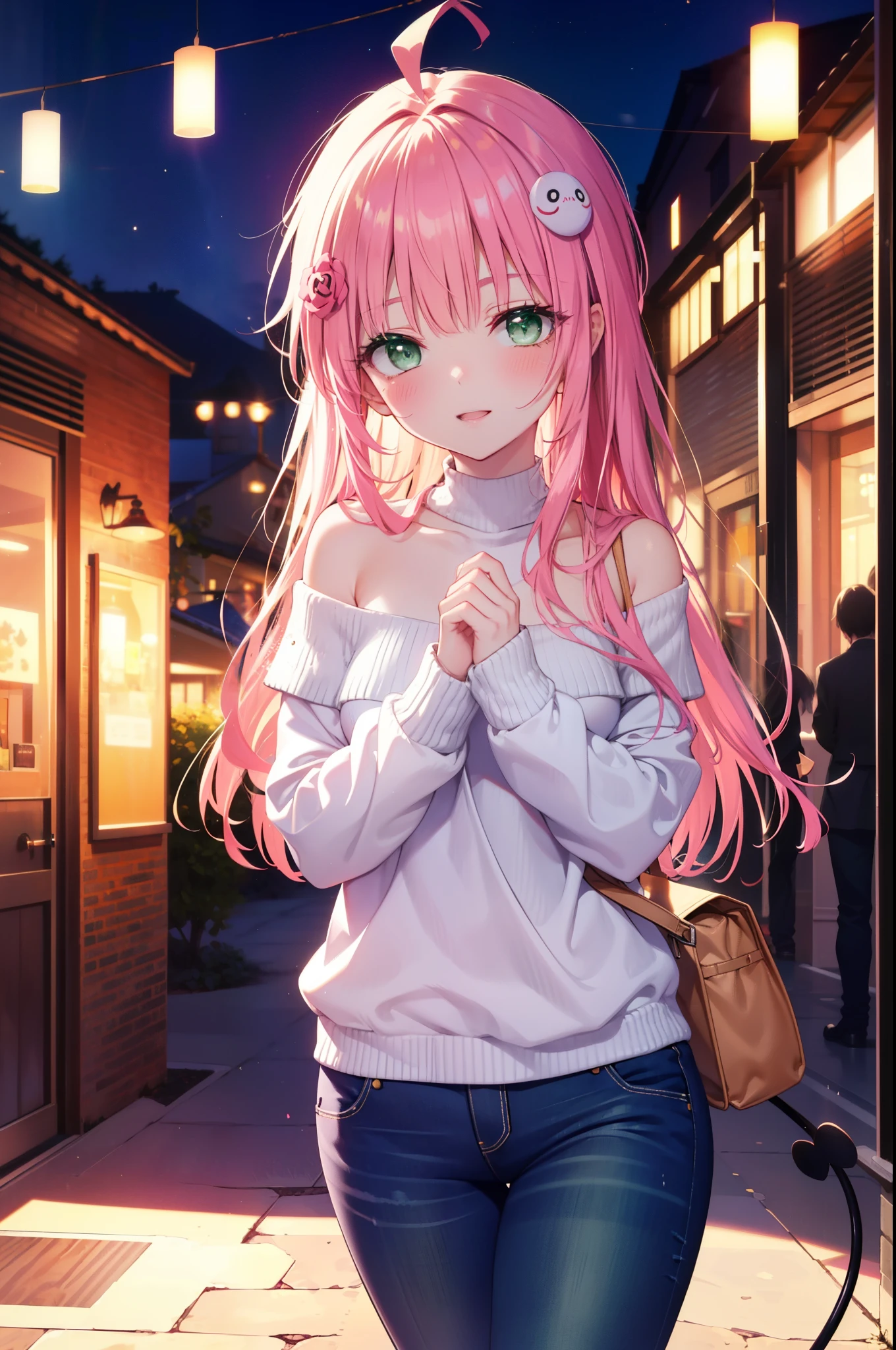 Lara Deviluke, Lara Deviluke, long hair, pink hair, tail, Ahoge, bangs, hair ornaments, (green eyes:1.5), smile,blush,open your mouth,demon tail,off shoulder sweater,bare shoulders,bare clavicle,naked neck,short denim pants,black pantyhose,short boots,bag,evening,夕陽
break outdoors, In town,ビル街
break looking at viewer, (cowboy shot:1.5),
break (masterpiece:1.2), highest quality, High resolution, unity 8k w全てpaper, (shape:0.8), (beautiful detailed eyes:1.6), extremely detailed face, perfect lighting, extremely detailed CG, (perfect hands, perfect anatomy),