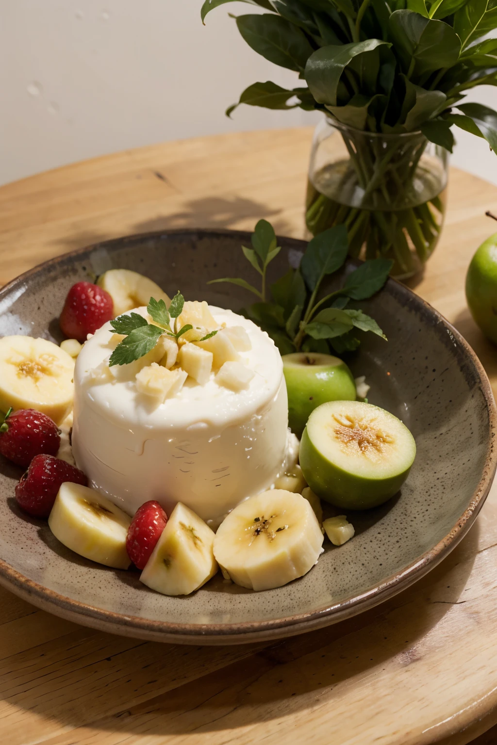  create a plate of realistic chopped fruits with banana, manzana, melon, fresa, papaya con fondo banco
