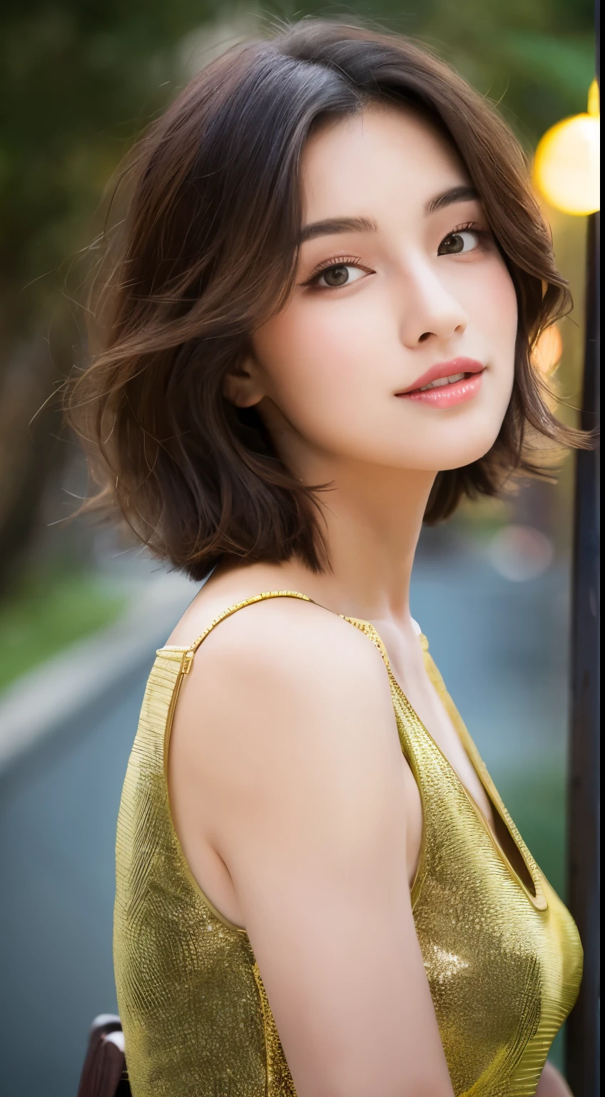 dark brown hair、Light brown eyes、The face of the Japan actress、adult lady、Looks like he's about 40 years old、(intricate-detail:1.2)、(top-quality:1.4)、 (超A high resolution:1.2)、超A high resolution、(A detailed eye)、(detailed facial features)、nffsw、8K resolution、moderately sized udder、she is wearing a warm white dress.I'm wearing a skirt that doesn't show my knees、length hair、I am sitting comfortably on a sofa on the terrace of a cafe.、Relaxing、leaning against the backrest、
