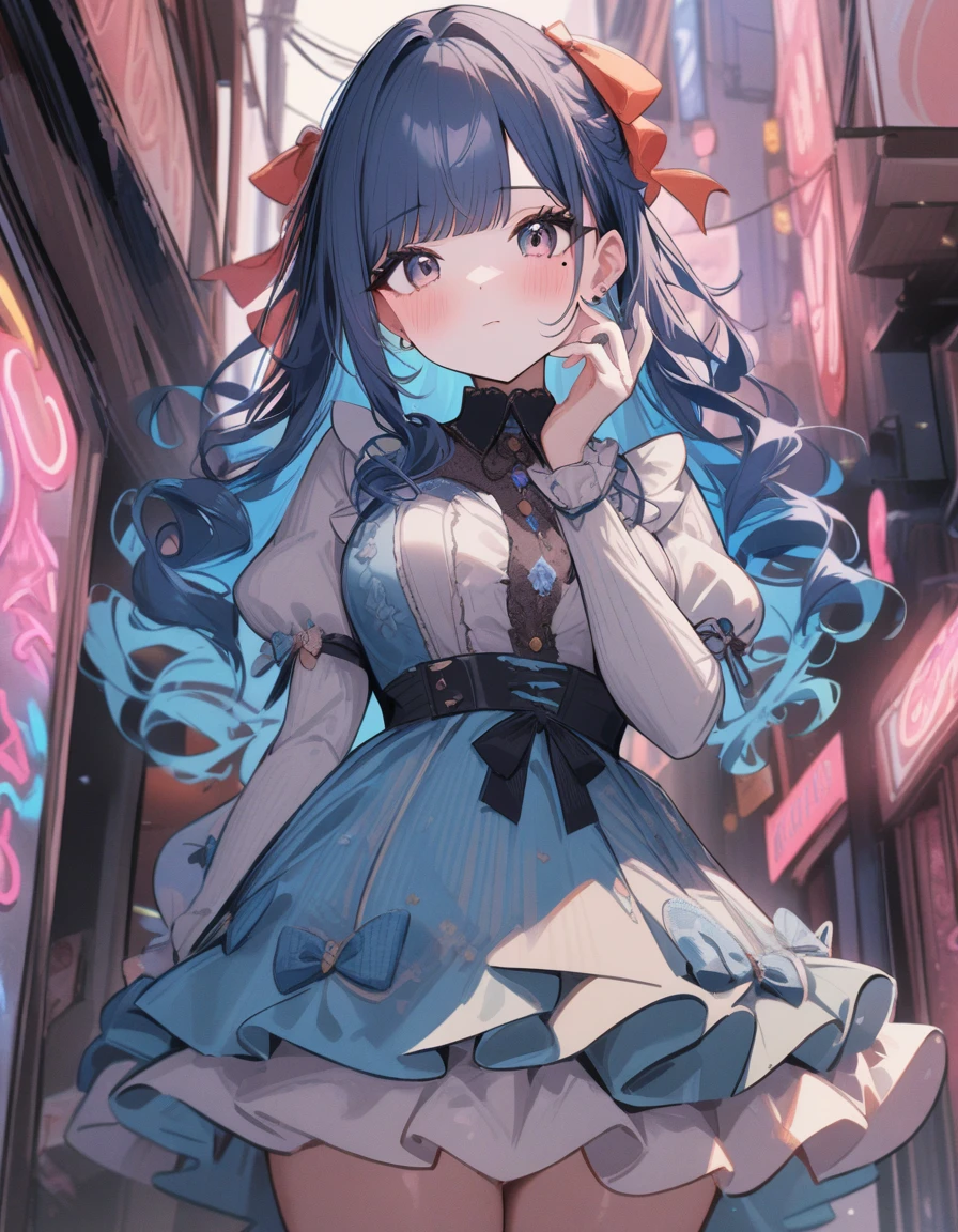 1girl, idolmaster, idolmaster shiny colors, Neon Sign, PENeonSign, neon sign, glowing, colorful, masterpiece, best quality, very aesthetic, absurdres, bangs, blue hair, blunt bangs, blush, bow, breasts, closed mouth, commentary request, dress, drill hair, hair bow, hand on own face, highres, idolmaster, idolmaster shiny colors, juliet sleeves, long hair, long sleeves, looking at viewer, medium breasts, mole, mole under eye,