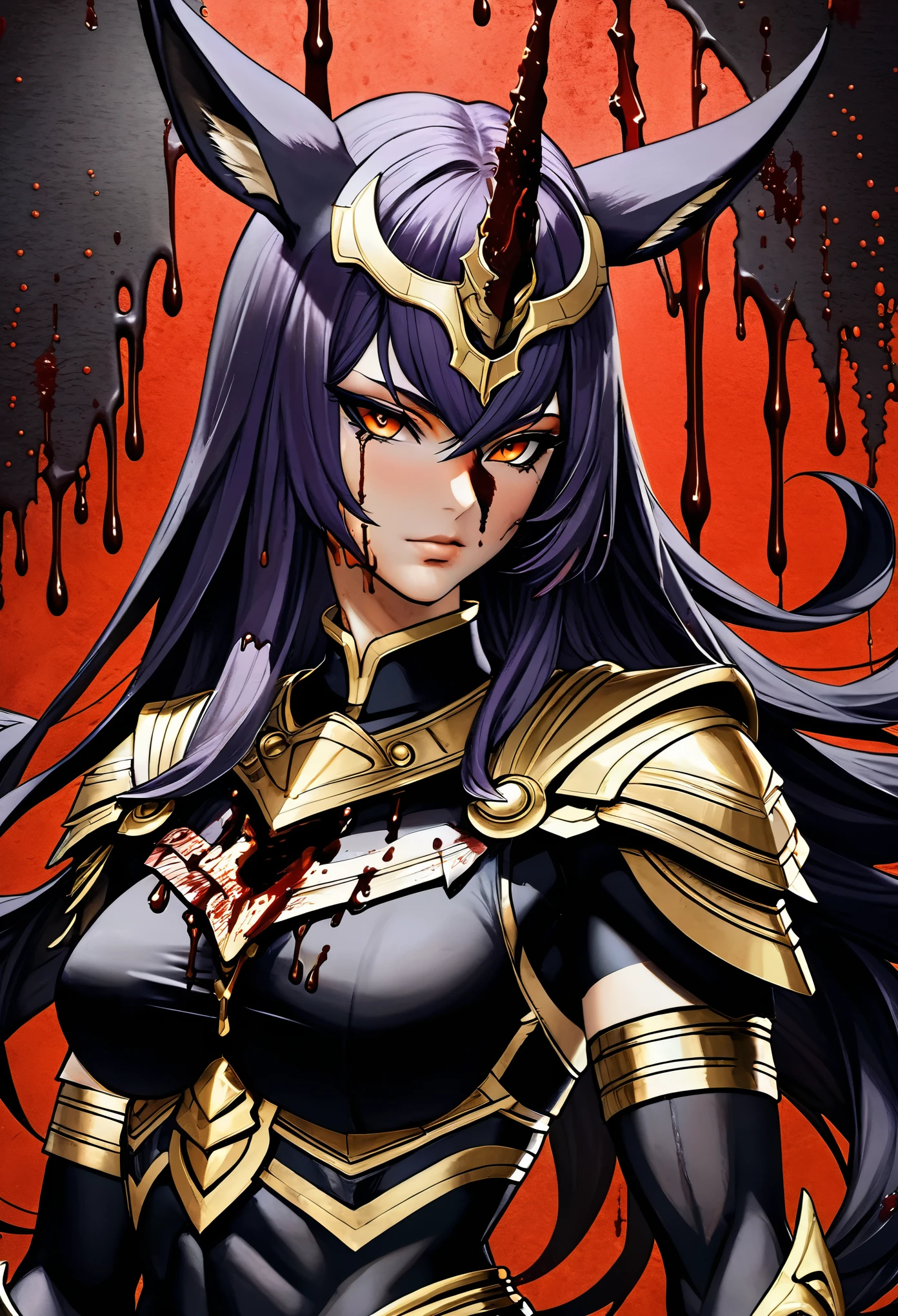 Uberfit，There is a picture of a person, The painting depicts an animal with a golden head and horns, portrait of dragoon, Mysterious Anubis Valkyrie, Super detailed fantasy characters, dragon portrait, sleipnir&#39;Photo, ghost of anubis,  (Raise your hand and stroke your hair),, V-shaped eyebrows, red glowing eyes striped hair, Colored inner hair, cover hair,dark purple color palette，4K details fantasy, Polaroid Counting Trends, zbrush competition champion, Draw using zbrush, ZBrush Central Competition Champion, Realistic hair texture，horse warrior, (The whole body is covered with blood:3)，