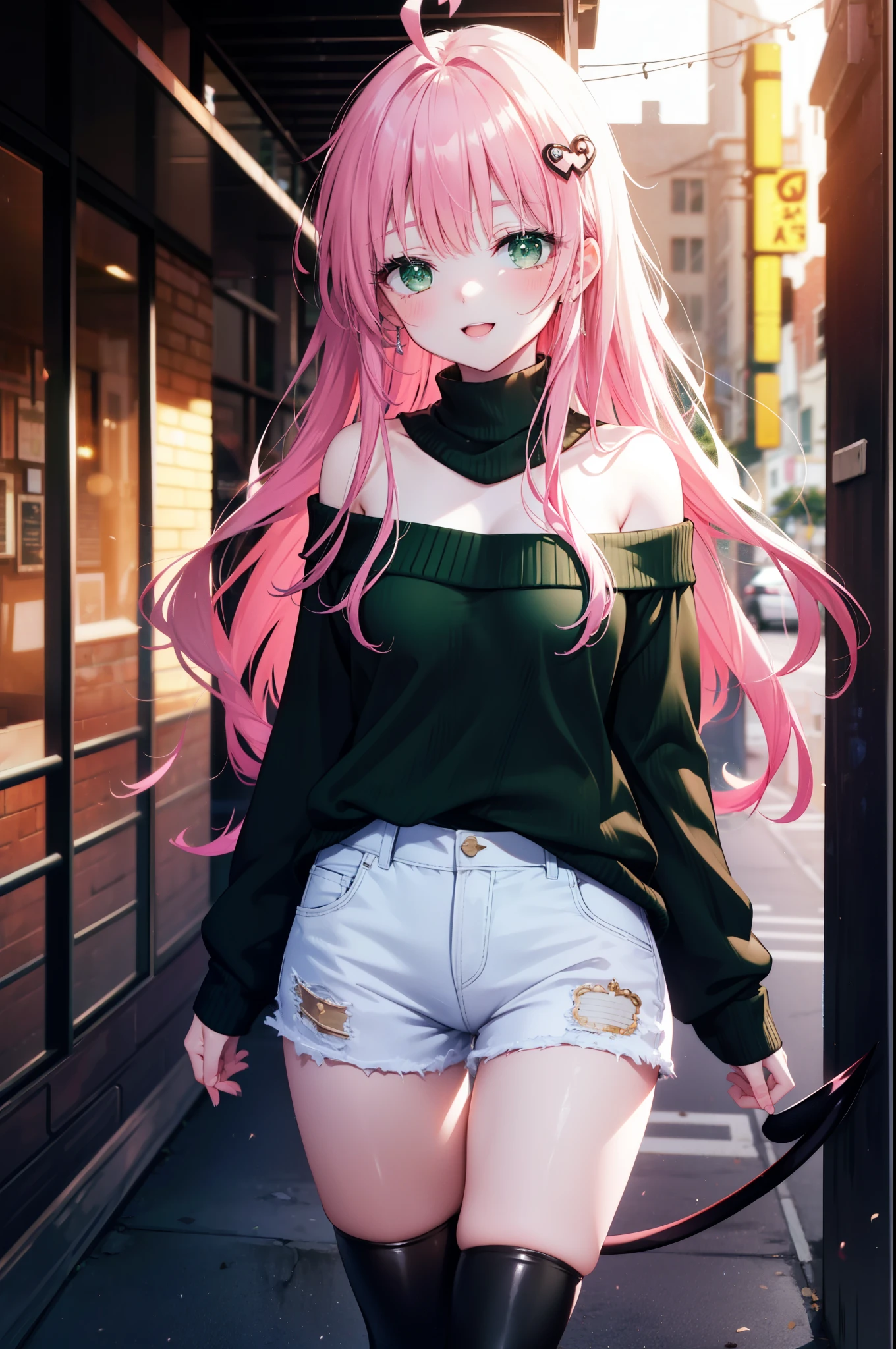 Lara Deviluke, Lara Deviluke, long hair, pink hair, tail, Ahoge, bangs, hair ornaments, (green eyes:1.5), smile,blush,open your mouth,demon tail,off shoulder sweater,bare shoulders,bare clavicle,naked neck,shorts,black pantyhose,short boots,bag,evening,夕陽
break outdoors, In town,ビル街
break looking at viewer, (cowboy shot:1.5),
break (masterpiece:1.2), highest quality, High resolution, unity 8k w全てpaper, (shape:0.8), (beautiful detailed eyes:1.6), extremely detailed face, perfect lighting, extremely detailed CG, (perfect hands, perfect anatomy),