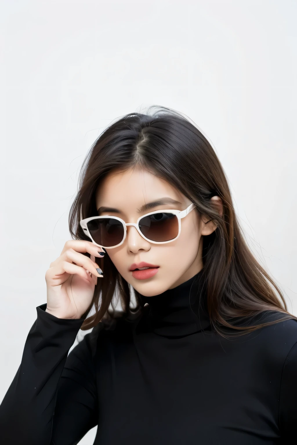 a woman wearing a black turtle neck top and white sunglasses, Comes with sunglasses, with sunglasses, Formula shaped glasses, with dark brown sunglasses, ( Ivory black ), digital sunglasses, wearing cool sunglasses, wearing sunglasses, cool glasses, sunglasses, sunglasses, wear glasses, futurisitc sunglasses, wearing glass glasses, cool sunglasses, in sunglasses