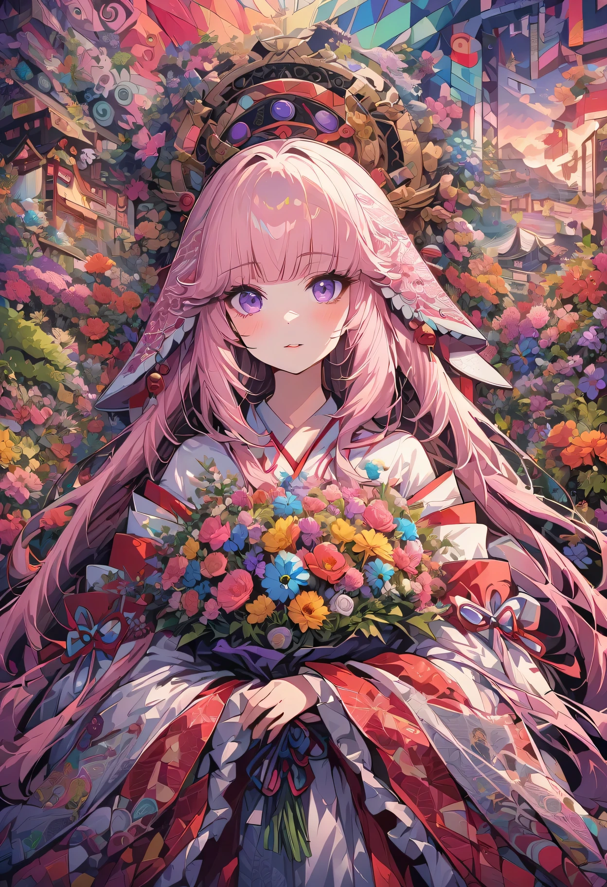 (ultra-Detailed background, Detailed background), Ridiculous, high resolution, Super detailed, extremely detailed, 1 girl, Yae Shrine Maiden, pink hair, purple eyes, (a bouquet of flowers:1.3), (Zentangle:1.2), (Geometric:1.2),(rich and colorful),