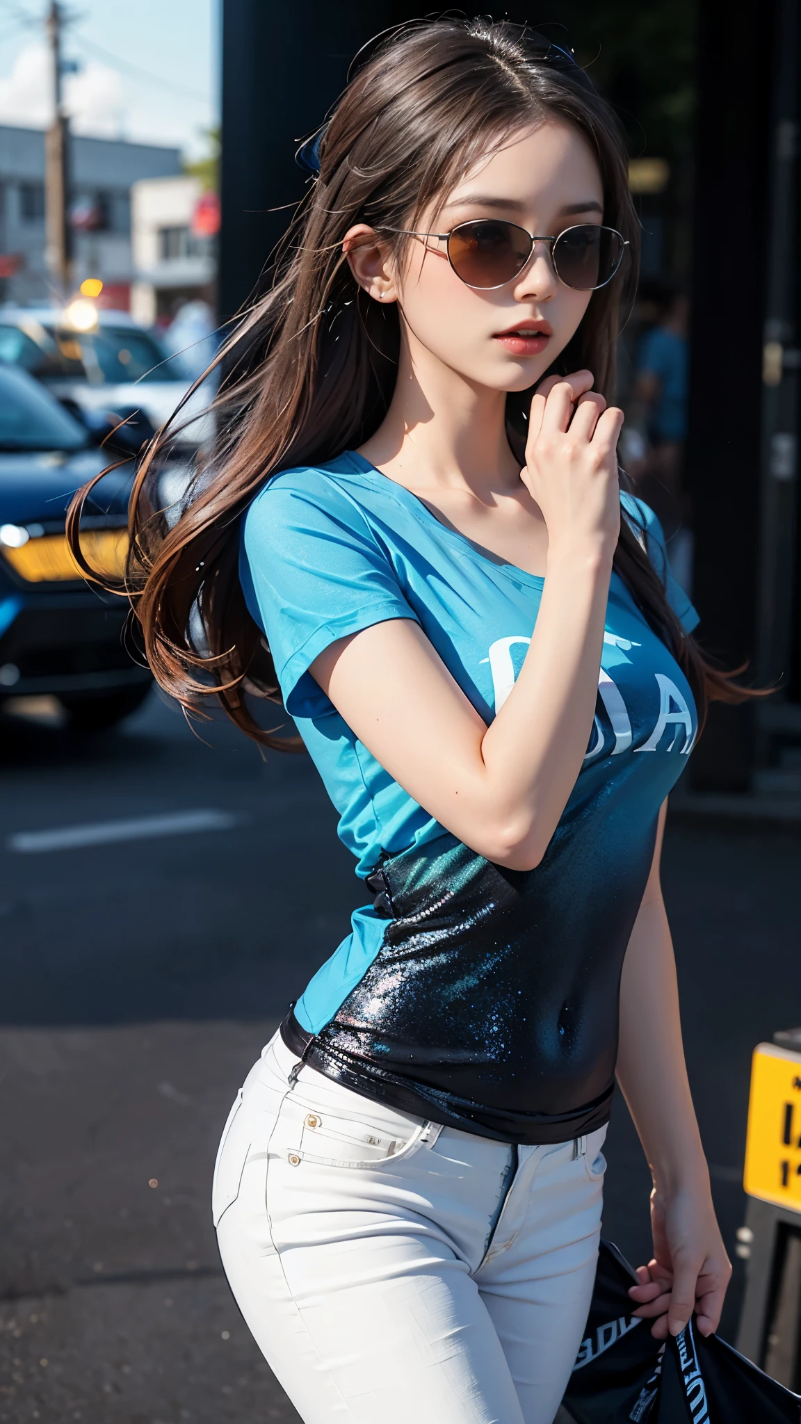 (best quality:1.2,4k ultra hd:1.2), a girl, beautiful face, full and glossy lips, long flowing hair, perfectly straightened, small breasts, (gradient blue t-shirt:1.5), (black straps t-shirt:1.4), bare arms, black jeans, complete with a cap, (sparkling sunglasses:1.5), capturing her character and charm, with a blurred background enhancing the relaxed atmosphere, showcasing her confidence and elegance,