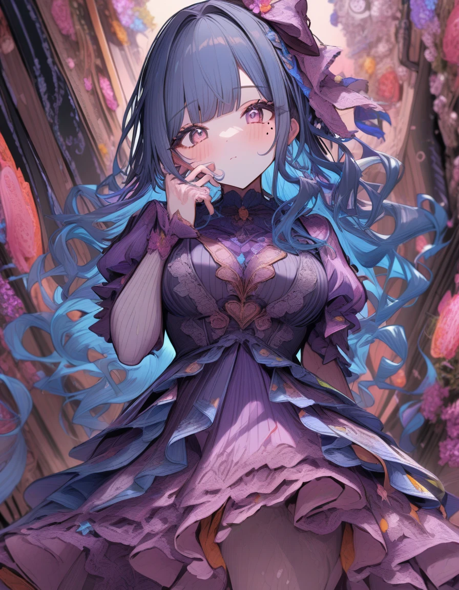 1girl, idolmaster, idolmaster shiny colors, Neon Sign, PENeonSign, neon sign, glowing, colorful, masterpiece, best quality, very aesthetic, absurdres, bangs, blue hair, blunt bangs, blush, bow, breasts, closed mouth, commentary request, dress, drill hair, hair bow, hand on own face, highres, idolmaster, idolmaster shiny colors, juliet sleeves, long hair, long sleeves, looking at viewer, medium breasts, mole, mole under eye,