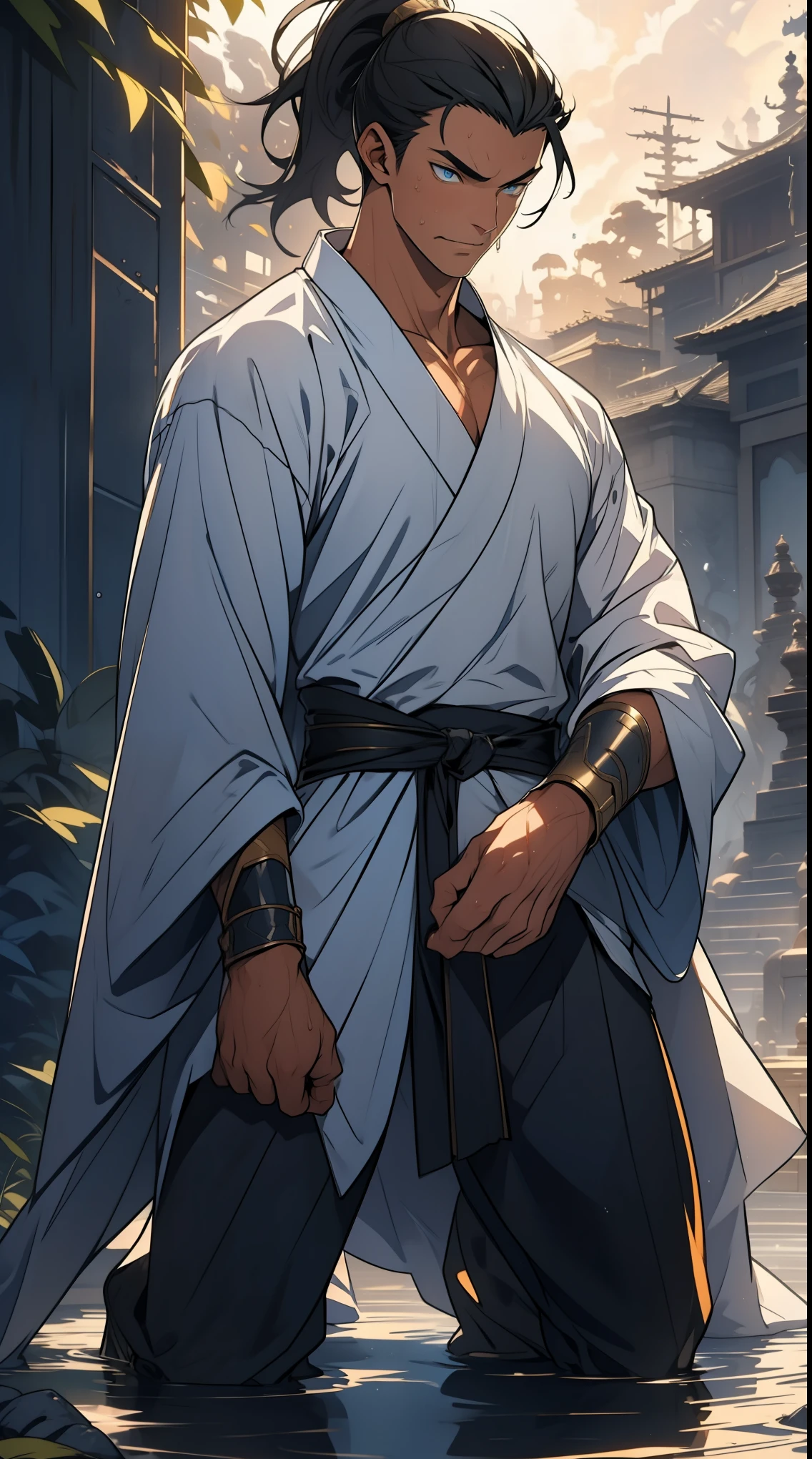 Two dimensions，anime style，one person（male warrior），proportions are correct，facial details，swordsman，High ponytail hairstyle，neck details，Have an Adam&#39;s apple，white robe，joke，white robe，Clothing details，transfer，long sleeve，Game quality，fencing，Ray tracing，Ray tracing，Detailed glow，CG rendering，Hair details，long black hair，blue eyes，Handsome，Handsome，（Youthful feeling），Costumes are complicated，Perfect composition，refine，high quality，higher detail，many details，Complex background，a sense of atmosphere， 1 person，very shy，Pee on legs，The semen flows down the thighs，Awkward，excited，very shocked，panicked，Worry，A small puddle of your own urine forms around your feet，Full body female love，Kneeling on the ground，really want，Very uncomfortable，wet yourself，Urine discharge， Sweating in the crotch，Soaked，