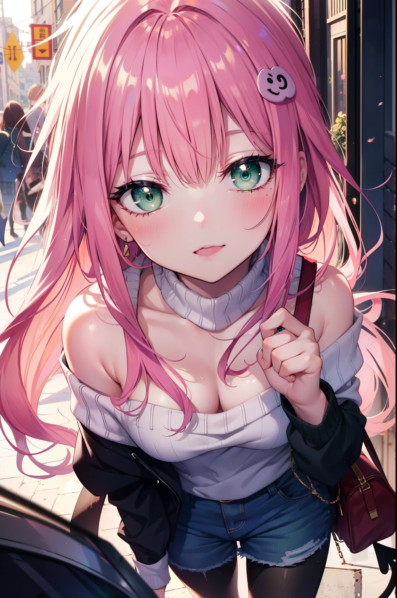 Lara Deviluke, Lara Deviluke, long hair, pink hair, tail, Ahoge, bangs, hair ornaments, (green eyes:1.5), smile,blush,open your mouth,demon tail,off shoulder sweater,bare shoulders,bare clavicle,naked neck,shorts,black pantyhose,short boots,bag,evening,sunset,So that the whole body goes into the illustration,
break outdoors, In town,ビル街
break looking at viewer, 
break (masterpiece:1.2), highest quality, High resolution, unity 8k w全てpaper, (shape:0.8), (beautiful detailed eyes:1.6), extremely detailed face, perfect lighting, extremely detailed CG, (perfect hands, perfect anatomy),