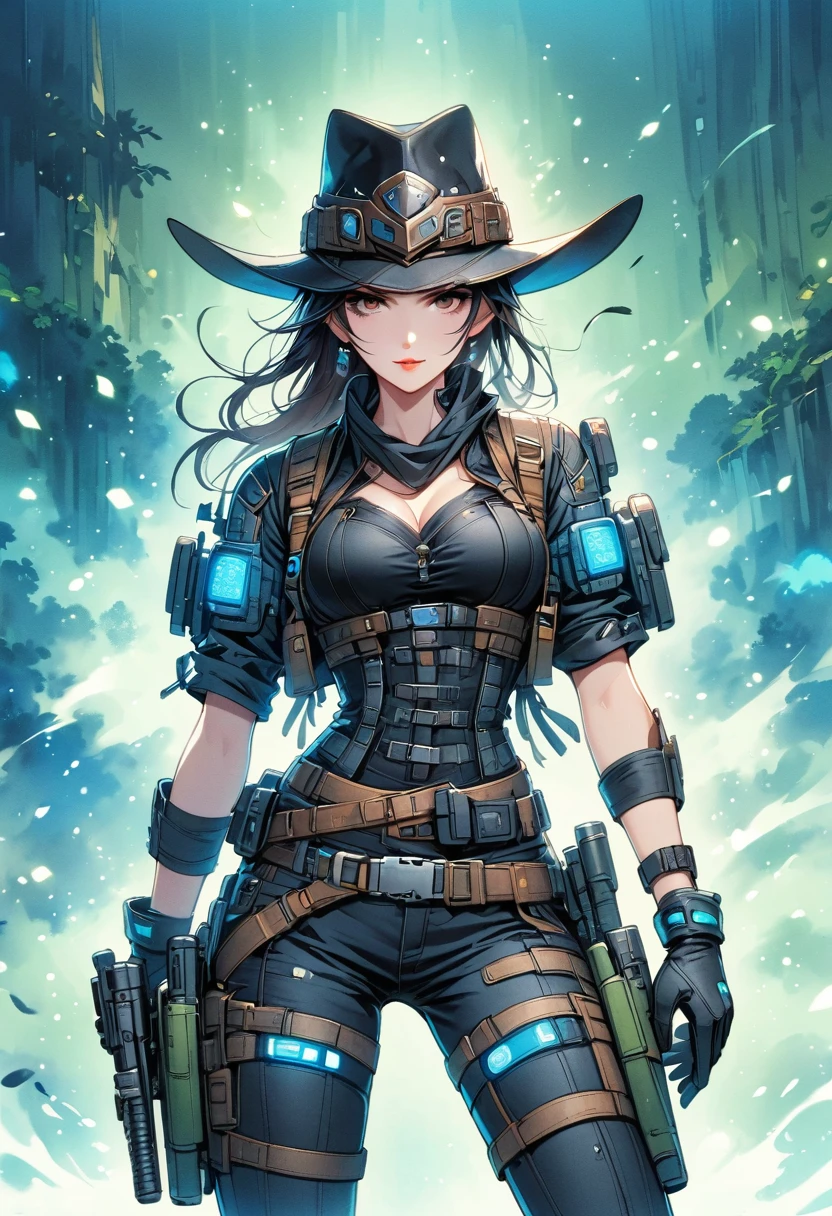 an attractive woman [gunner: Bounty Hunter: 0.4] Standing in the middle of the sci-fi wilderness (cube style: 1) whole body, mask