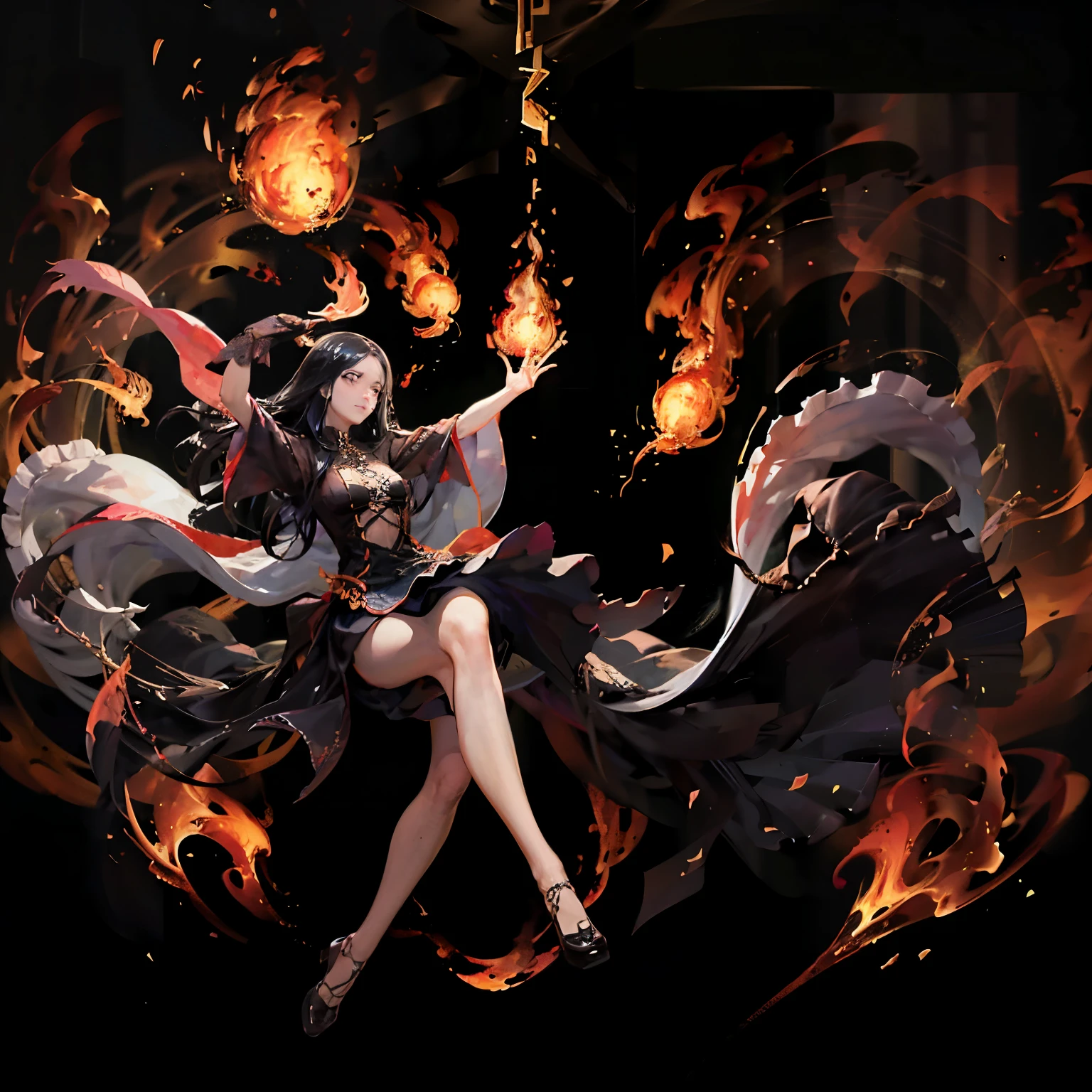 long black hair，Witch holding flame in hand，Flame shapes flying in the air，The magic circle rotates behind you，Preparing for attack