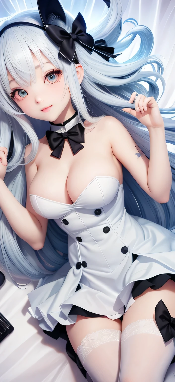 anime girl，long white hair，wearing a bow tie，Lying in bed, fine details. girls frontline, from girls frontline, Azure Lane style, seductive anime girl, From《Azur route》video game, 《Azur route》role in, white cat girl, , girls frontline cg, Double ponytail white_Gloves,  wearing clothes