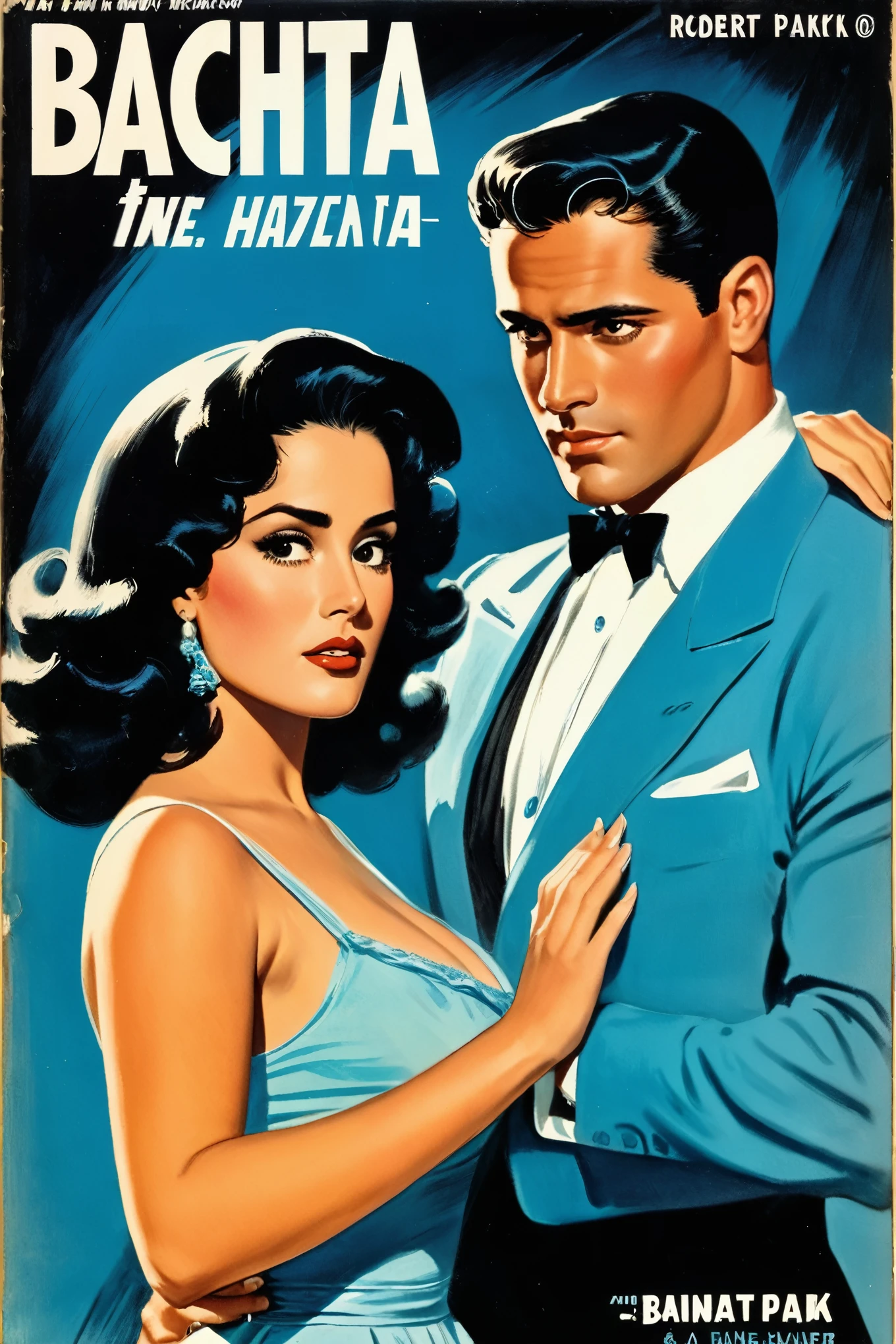 a grainy cover of a book called 'BACHATA' (Filmotype Quarry fonts) with a sultry dark-haired woman in a short baby blue dress and handsome gentleman holding each other dancing Bachata, a portrait by Robert Peak, cg society contest winner, new objectivity, 1 9 5 0 s thriller, dark vintage paperback cover, pulp scifi book cover art, glen orbik, Famous Mexican Actress Selma Hayek in a horror novel, 5 0 s pulp illustration, zoom out