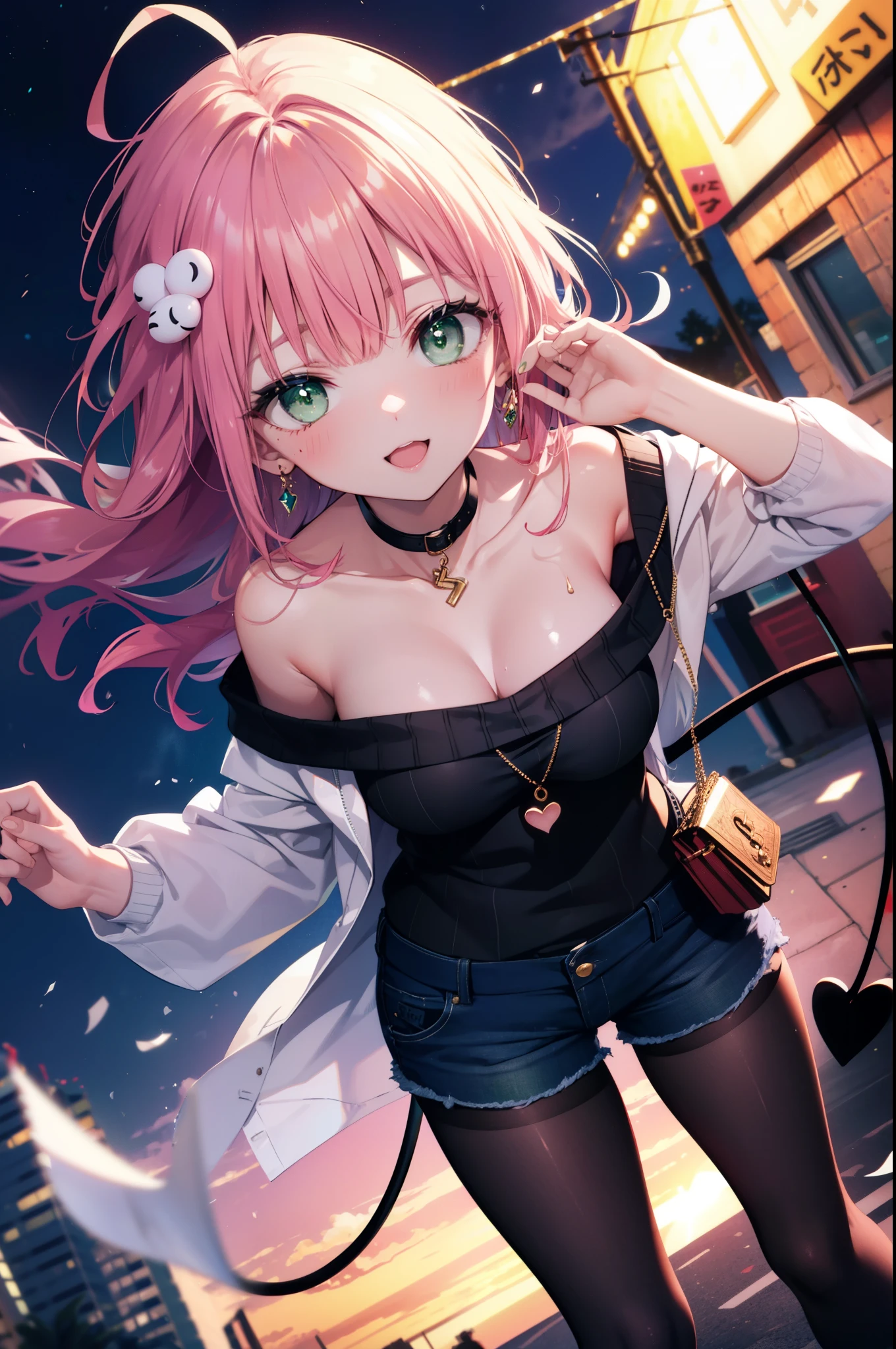 Lara Deviluke, Lara Deviluke, long hair, pink hair, tail, Ahoge, bangs, hair ornaments, (green eyes:1.5), smile,blush,open your mouth,demon tail,off shoulder sweater,bare shoulders,bare clavicle,naked neck,shorts,black pantyhose,short boots,bag,evening,sunset,So that the whole body goes into the illustration,
break outdoors, In town,ビル街
break looking at viewer, 
break (masterpiece:1.2), highest quality, High resolution, unity 8k w全てpaper, (shape:0.8), (beautiful detailed eyes:1.6), extremely detailed face, perfect lighting, extremely detailed CG, (perfect hands, perfect anatomy),